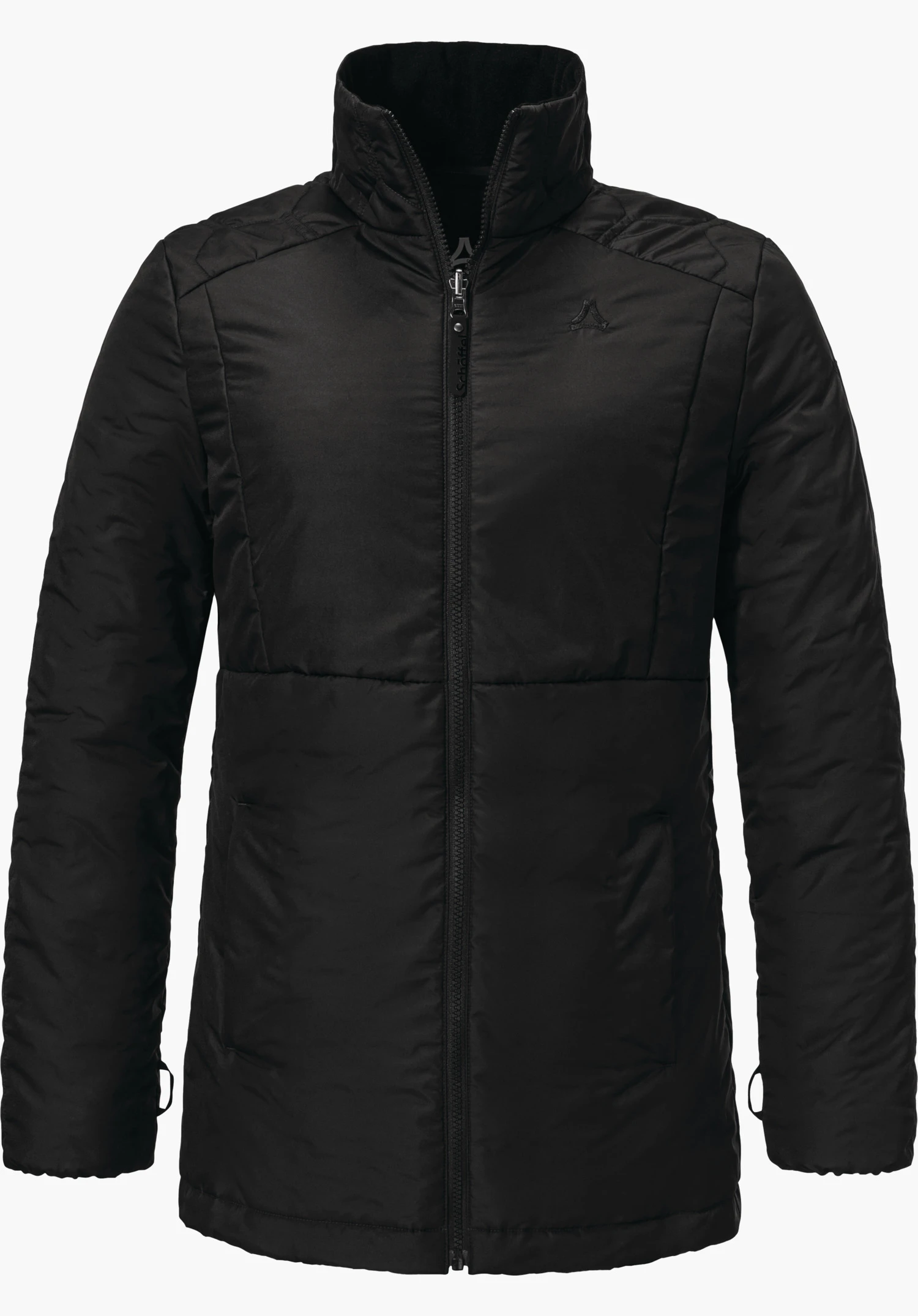 3in1 Parka Style Borkol WMS zwarte jas met gesloten ritssluiting, frontaal afgebeeld; Schöffel-logo op de borst; opschrift "Schöffel" op de ritssluiting; witte achtergrond.