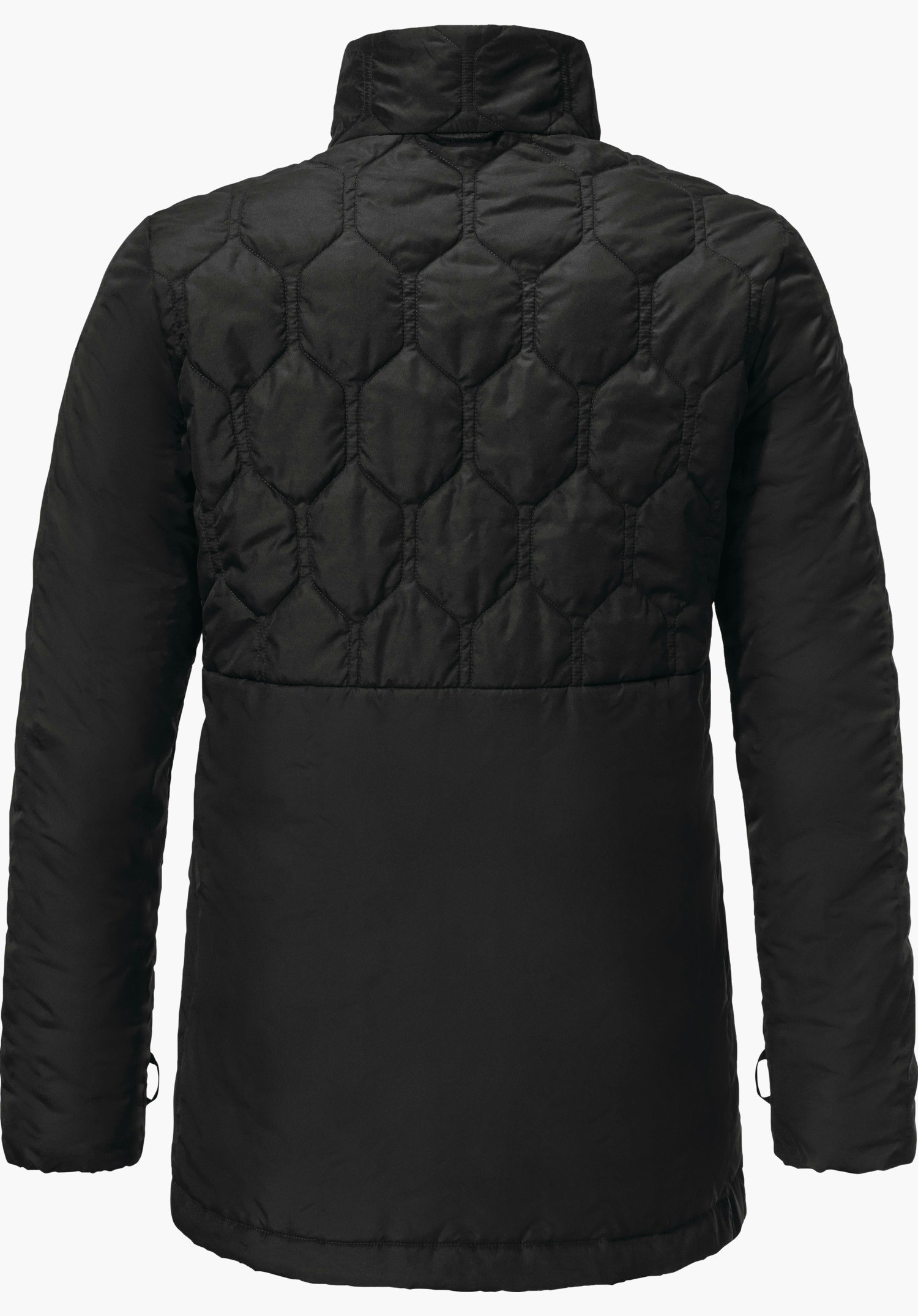 3in1 Parka Style Borkol WMS jas getoond van achteren, zwart; gewatteerd bovenstuk met zeshoekig patroon, glad onderstuk, hoge kraag; tegen effen lichtgrijze achtergrond.