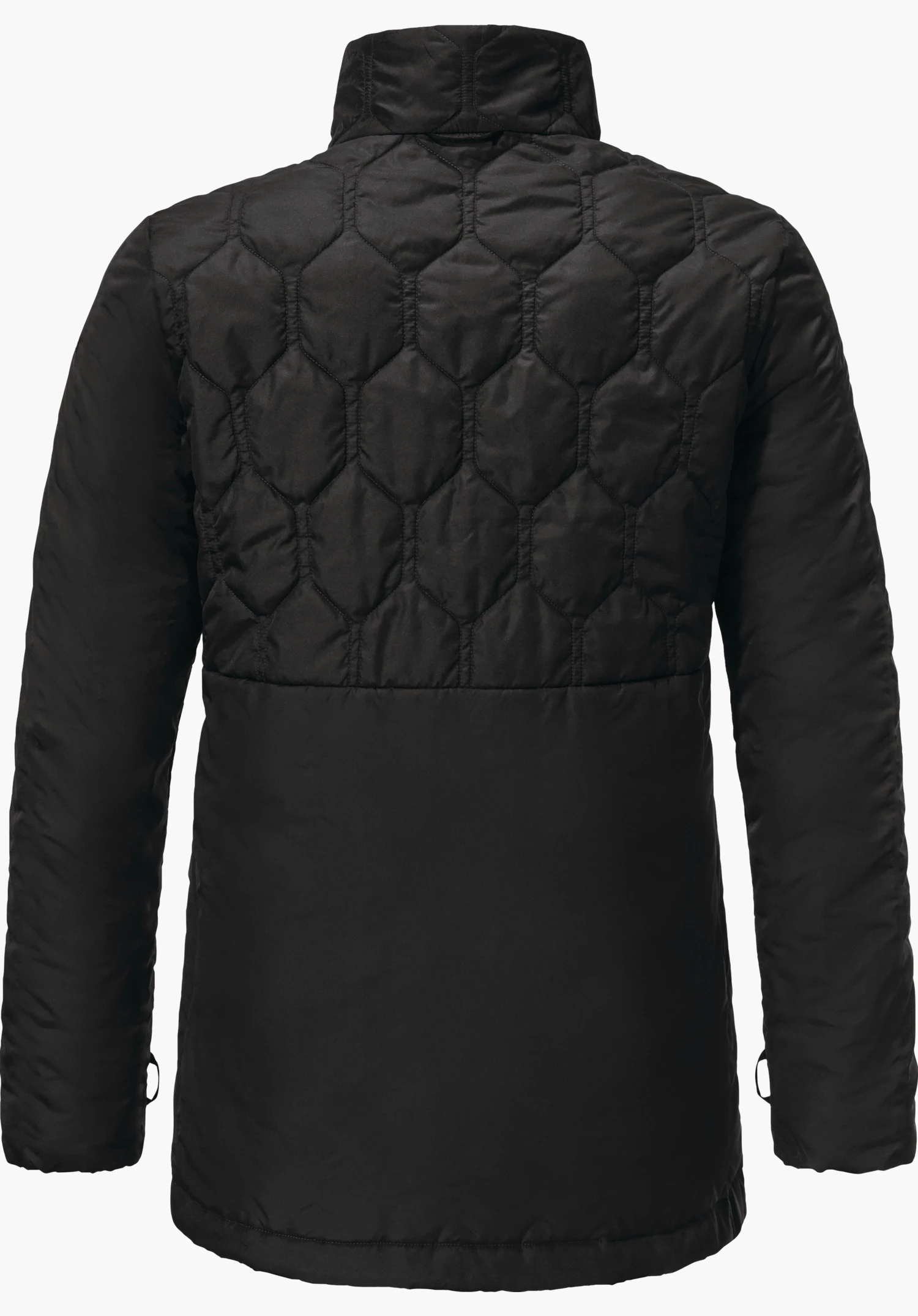 3in1 Parka Style Borkol WMS jas getoond van achteren, zwart; gewatteerd bovenstuk met zeshoekig patroon, glad onderstuk, hoge kraag; tegen effen lichtgrijze achtergrond.