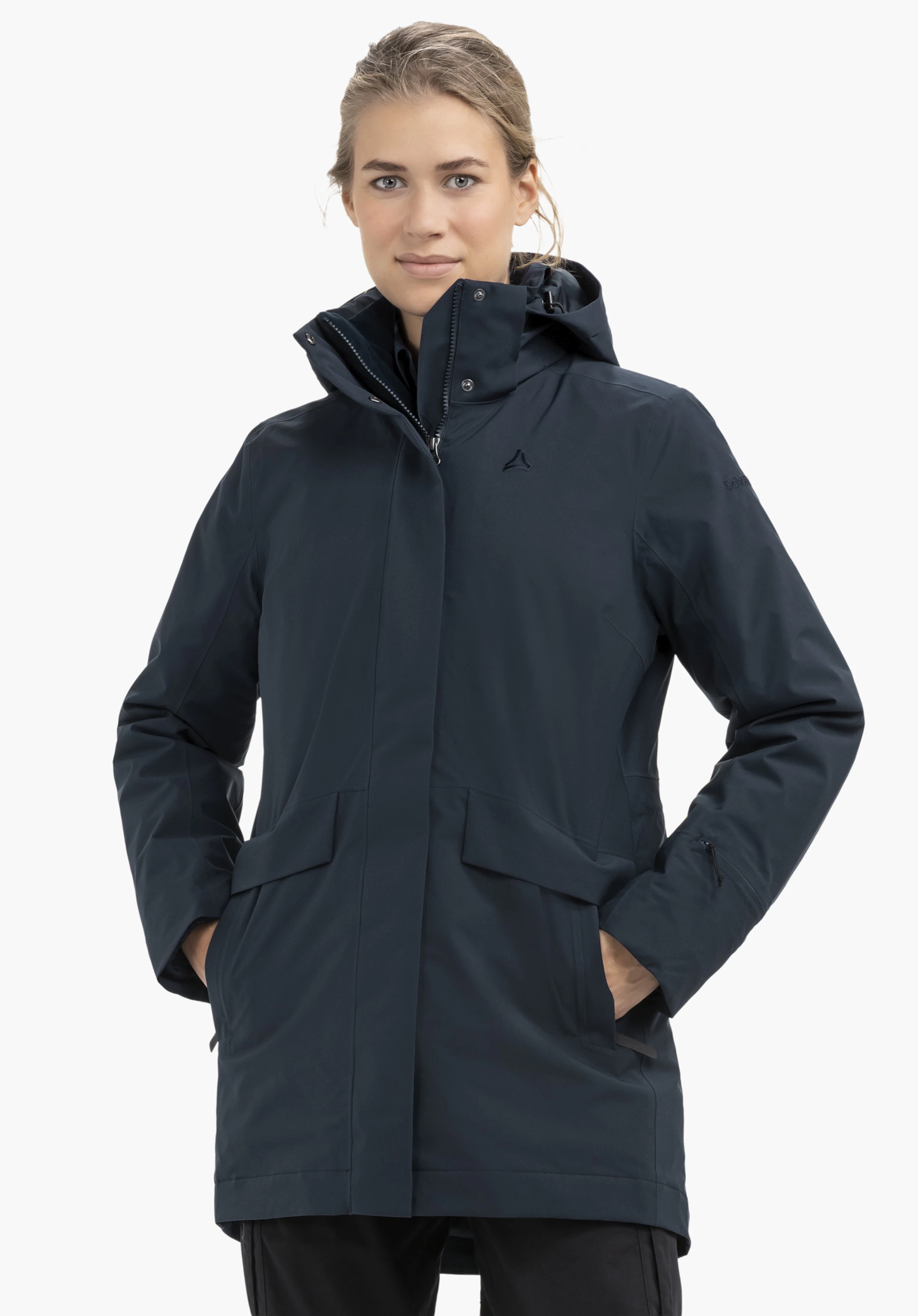 3in1 Parka Style Borkol WMS dark blue parka worn by a person with hands in pockets; Schöffel logo on the chest; bright white background.