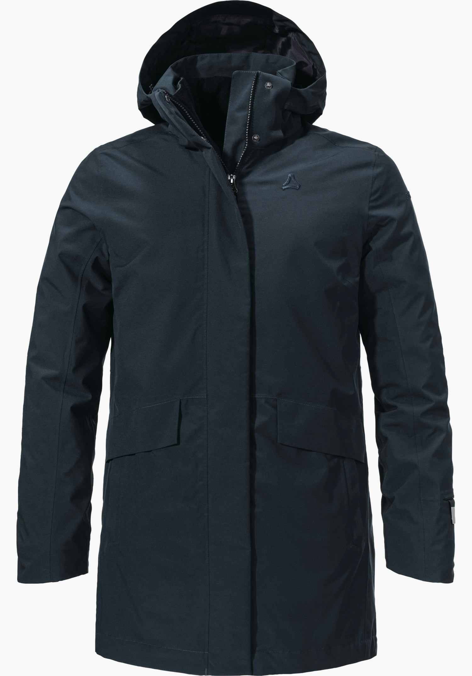 3in1 Parka Style Borkol WMS Donkerblauwe parka met capuchon, frontaal gepresenteerd; rits en verborgen knopenlijst gesloten; Schöffel-logo op de linkerborst; neutrale witte achtergrond.