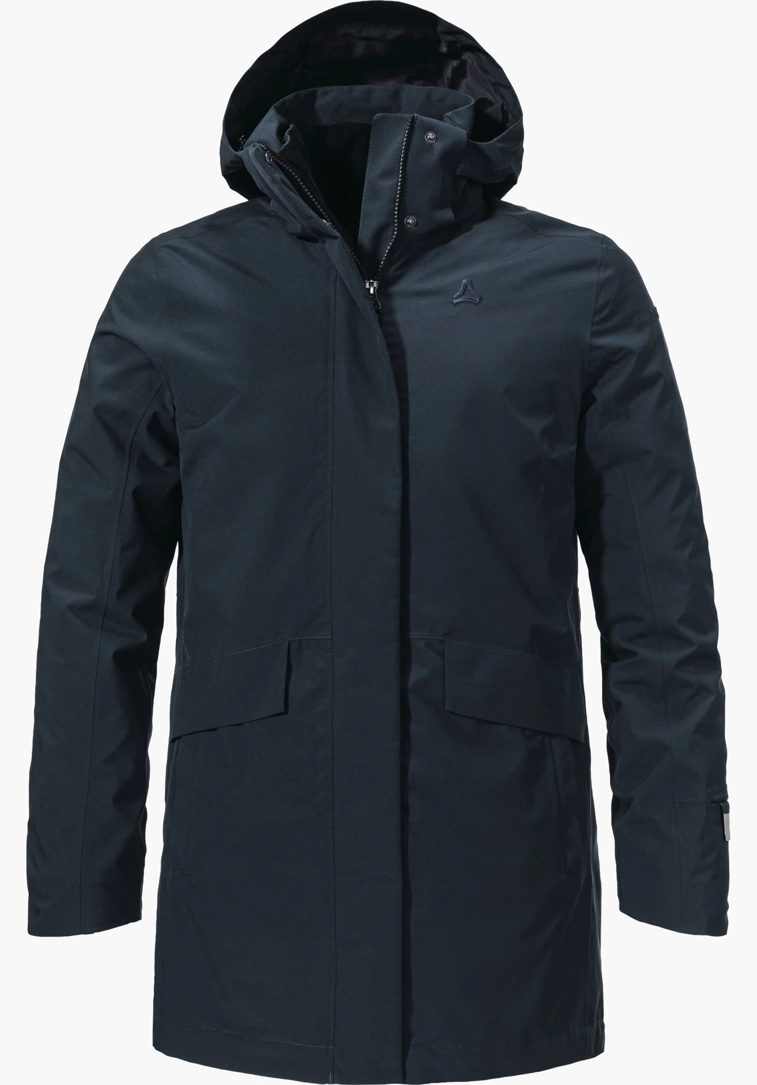 3in1 Parka Style Borkol WMS Donkerblauwe parka met capuchon, frontaal gepresenteerd; rits en verborgen knopenlijst gesloten; Schöffel-logo op de linkerborst; neutrale witte achtergrond.