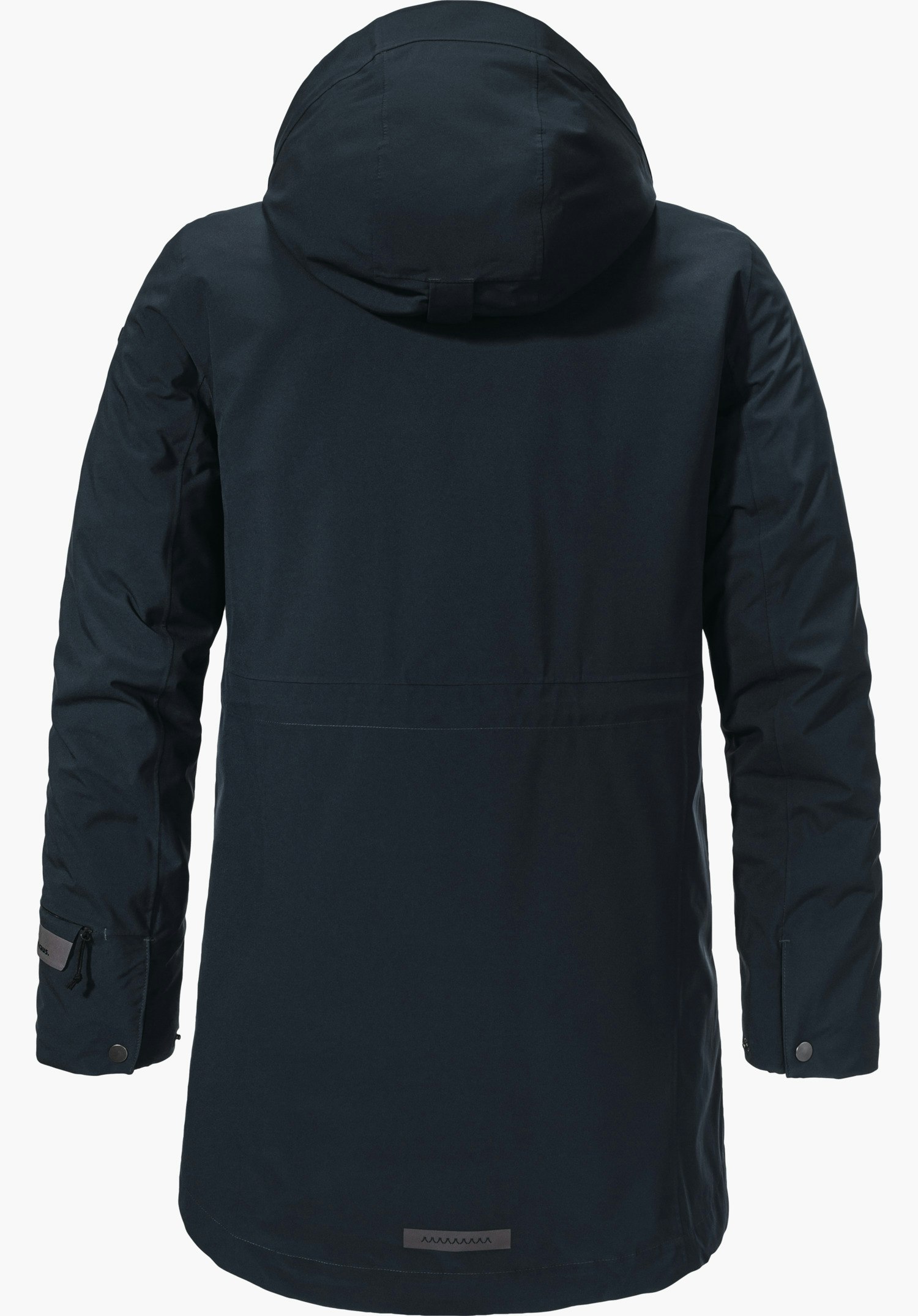3in1 Parka Style Borkol WMS Donkerblauwe parka met capuchon, achteraanzicht; lange mouwen met drukknopen, zoom licht afgerond; witte achtergrond.