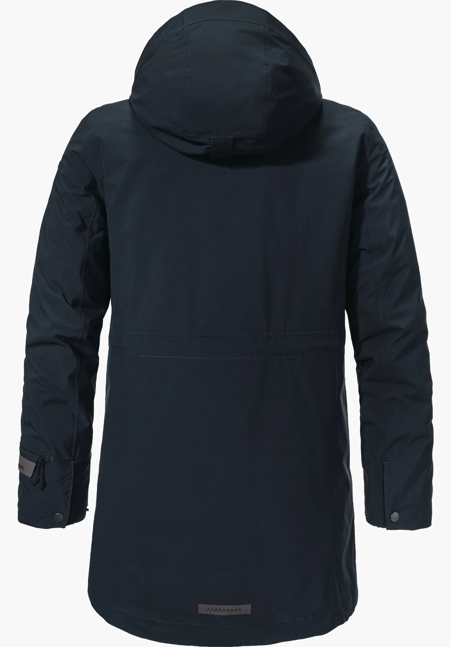 3in1 Parka Style Borkol WMS Donkerblauwe parka met capuchon, achteraanzicht; lange mouwen met drukknopen, zoom licht afgerond; witte achtergrond.