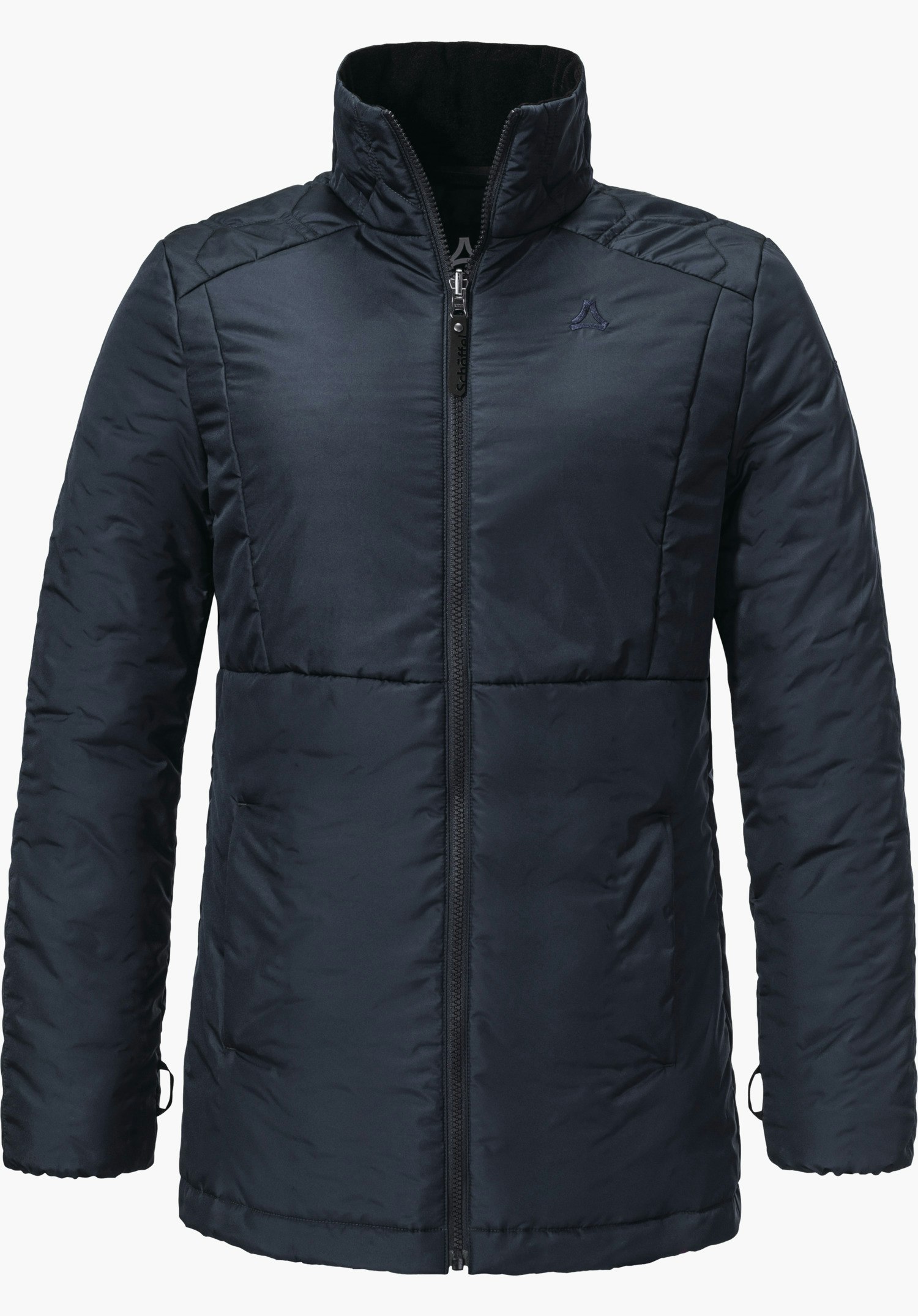 3in1 Parka Style Borkol WMS donkerblauwe gewatteerde jas met gesloten ritssluiting en opstaande kraag, zwarte binnenvoering, Schöffel-logo op de linkerborst; tegen een witte achtergrond. Tekst: "Schöffel".