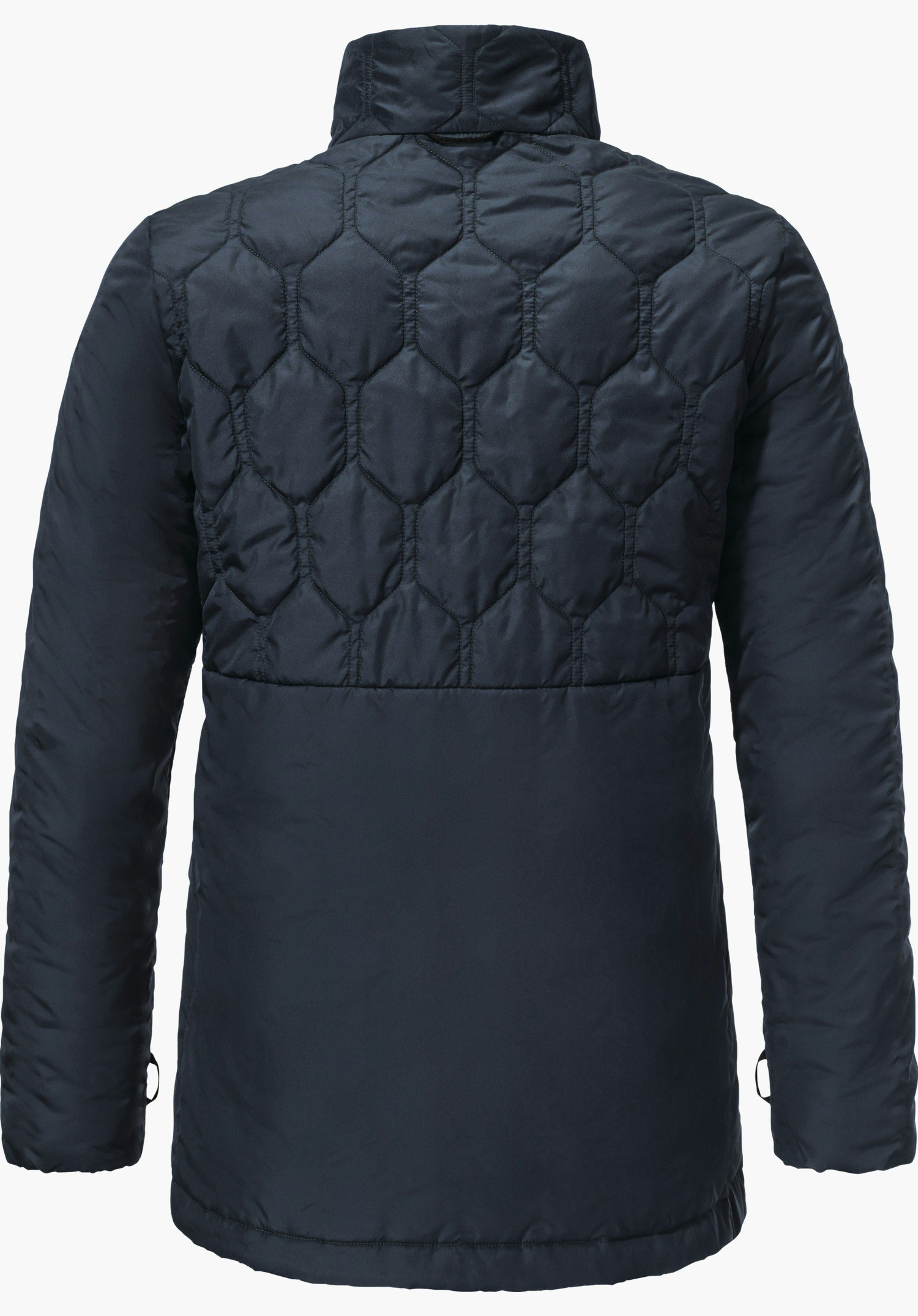 3in1 Parka Style Borkol WMS donkerblauwe jas, achteraanzicht; plat liggend, boven zeshoekig stikpatroon, onder glad materiaal, opstaande kraag, lange mouwen; witte achtergrond.
