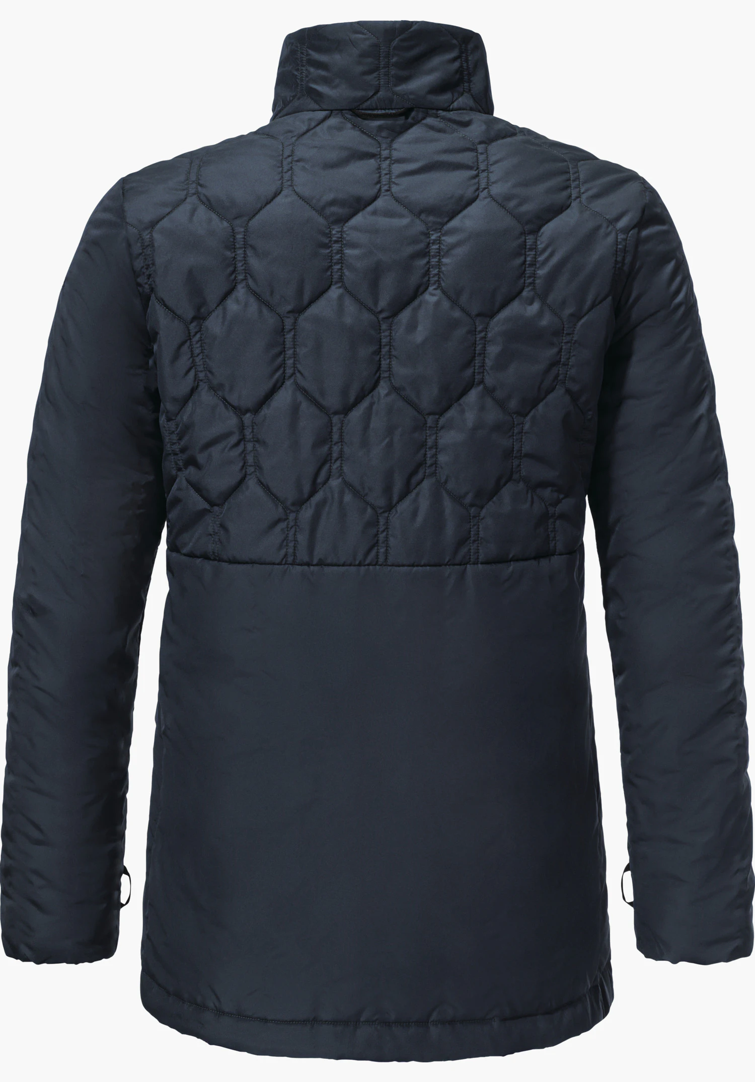 3in1 Parka Style Borkol WMS donkerblauwe jas, achteraanzicht; plat liggend, boven zeshoekig stikpatroon, onder glad materiaal, opstaande kraag, lange mouwen; witte achtergrond.