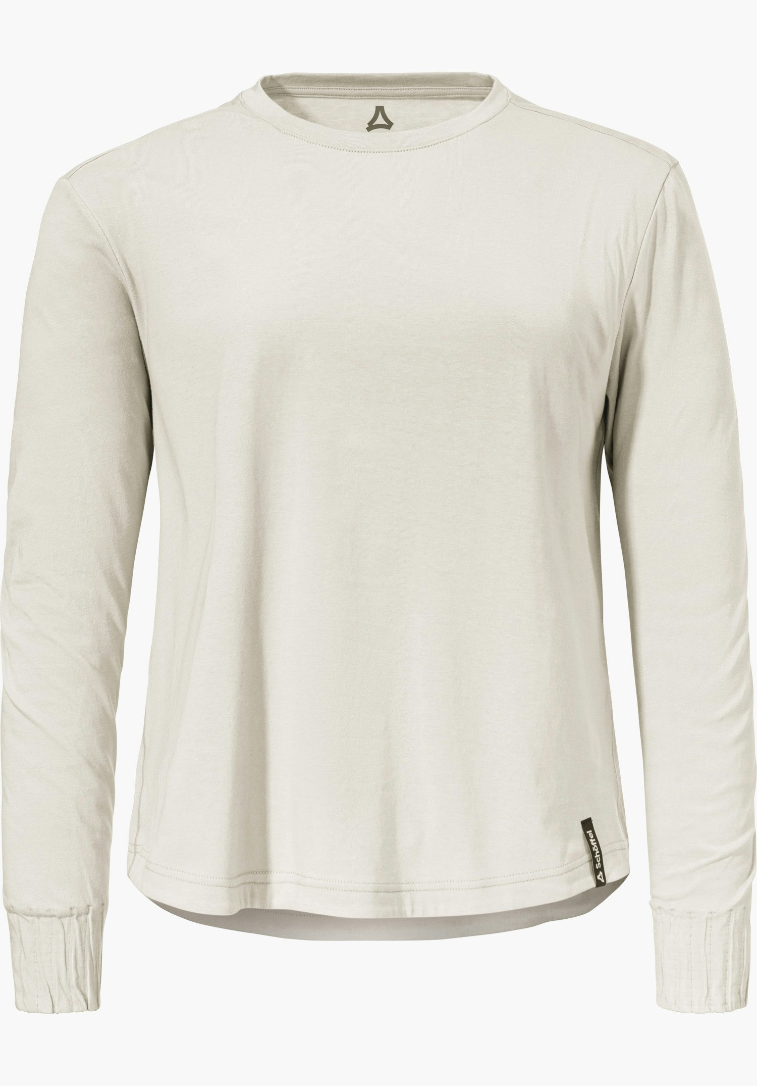 Longsleeve Style Collada WMS t-shirt à manches longues, présenté à plat sur fond blanc; uni beige clair, col rond, logo Schöffel à l’intérieur du col, étiquette à l’ourlet avec inscription « Schöffel ».