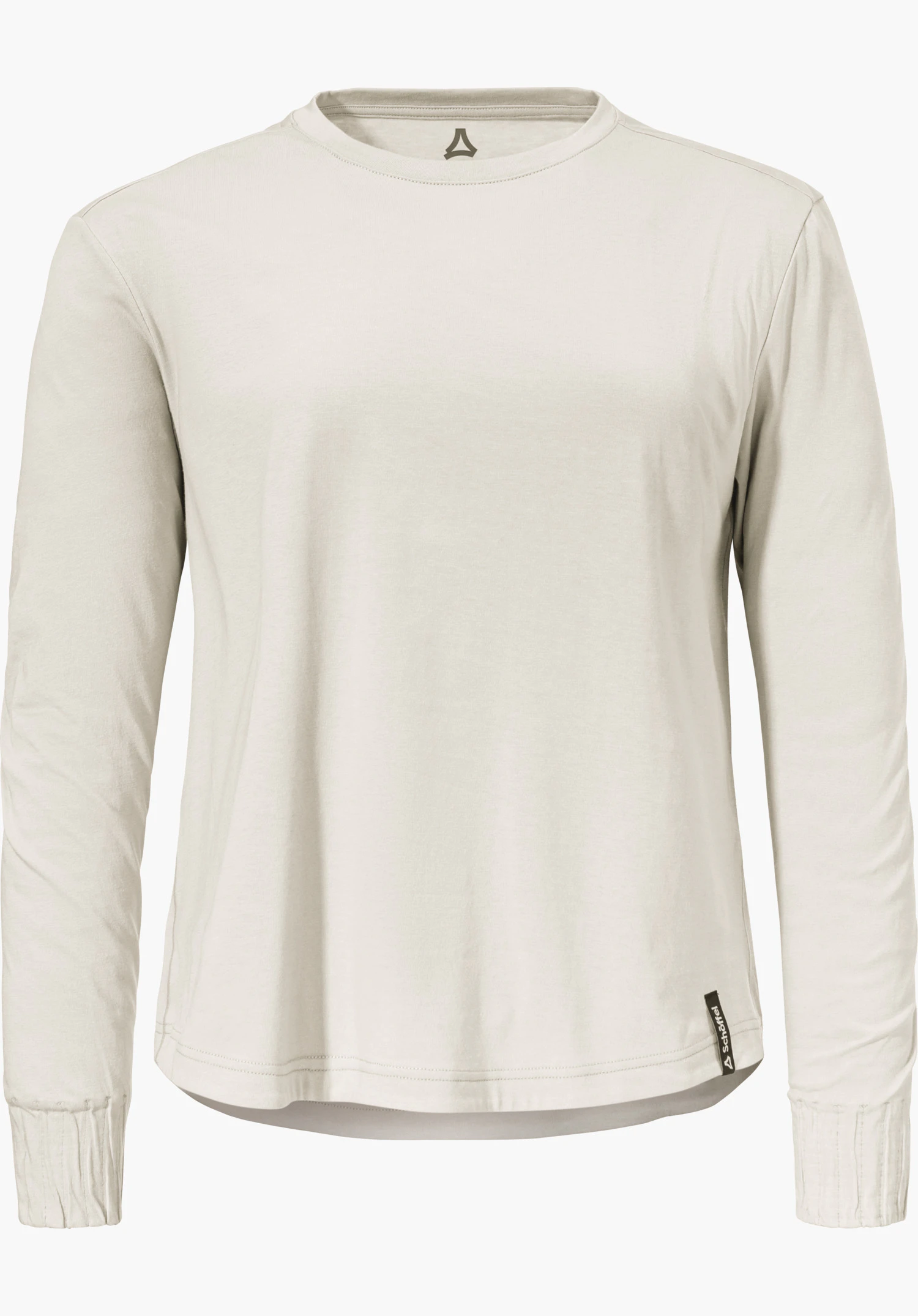 Longsleeve Style Collada WMS t-shirt à manches longues, présenté à plat sur fond blanc; uni beige clair, col rond, logo Schöffel à l’intérieur du col, étiquette à l’ourlet avec inscription « Schöffel ».