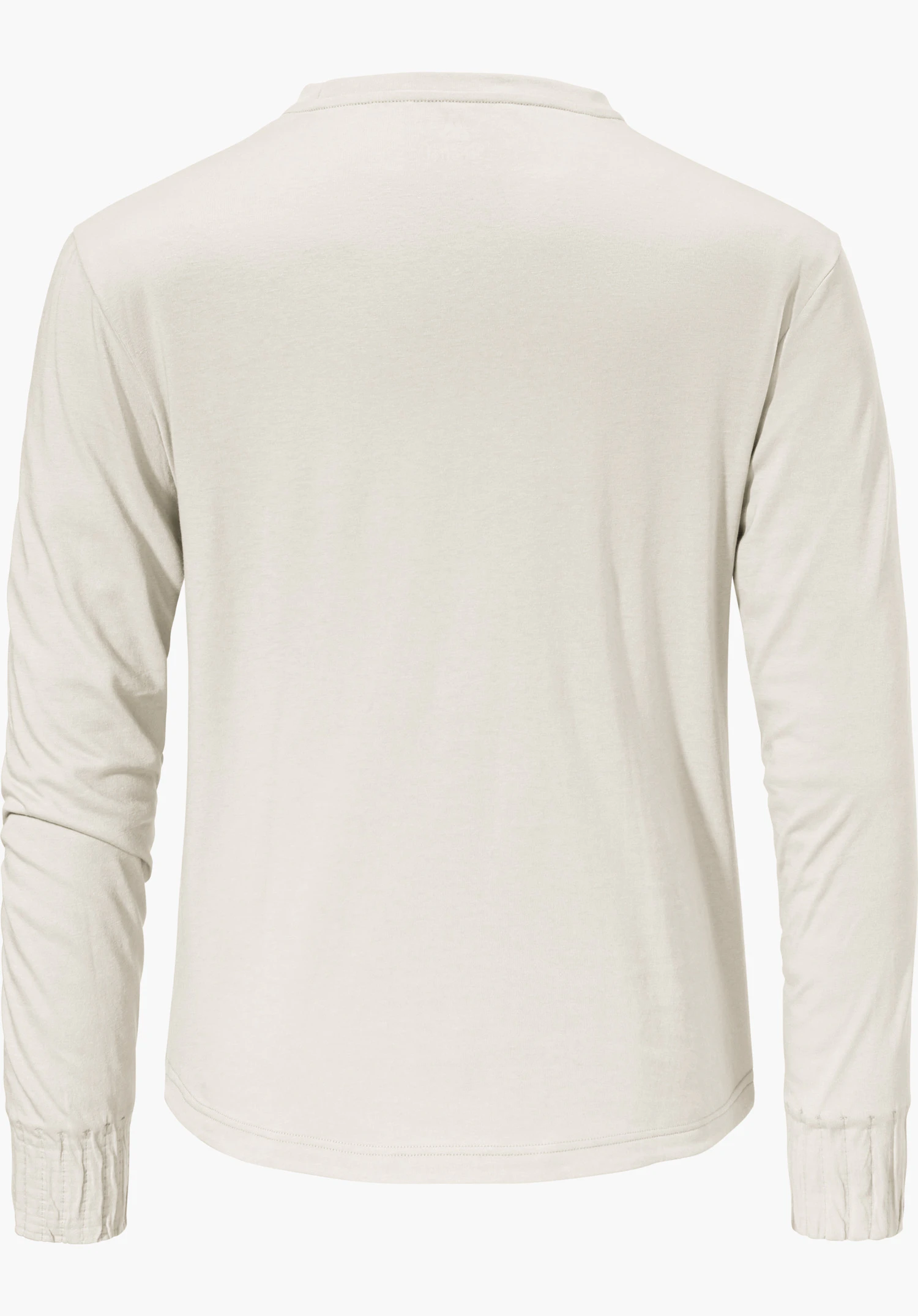 Longsleeve Style Collada WMS T-shirt manches longues blanc, vue de dos; tombe droit, manches longues avec poignets smockés, encolure ronde légère, fond clair neutre.