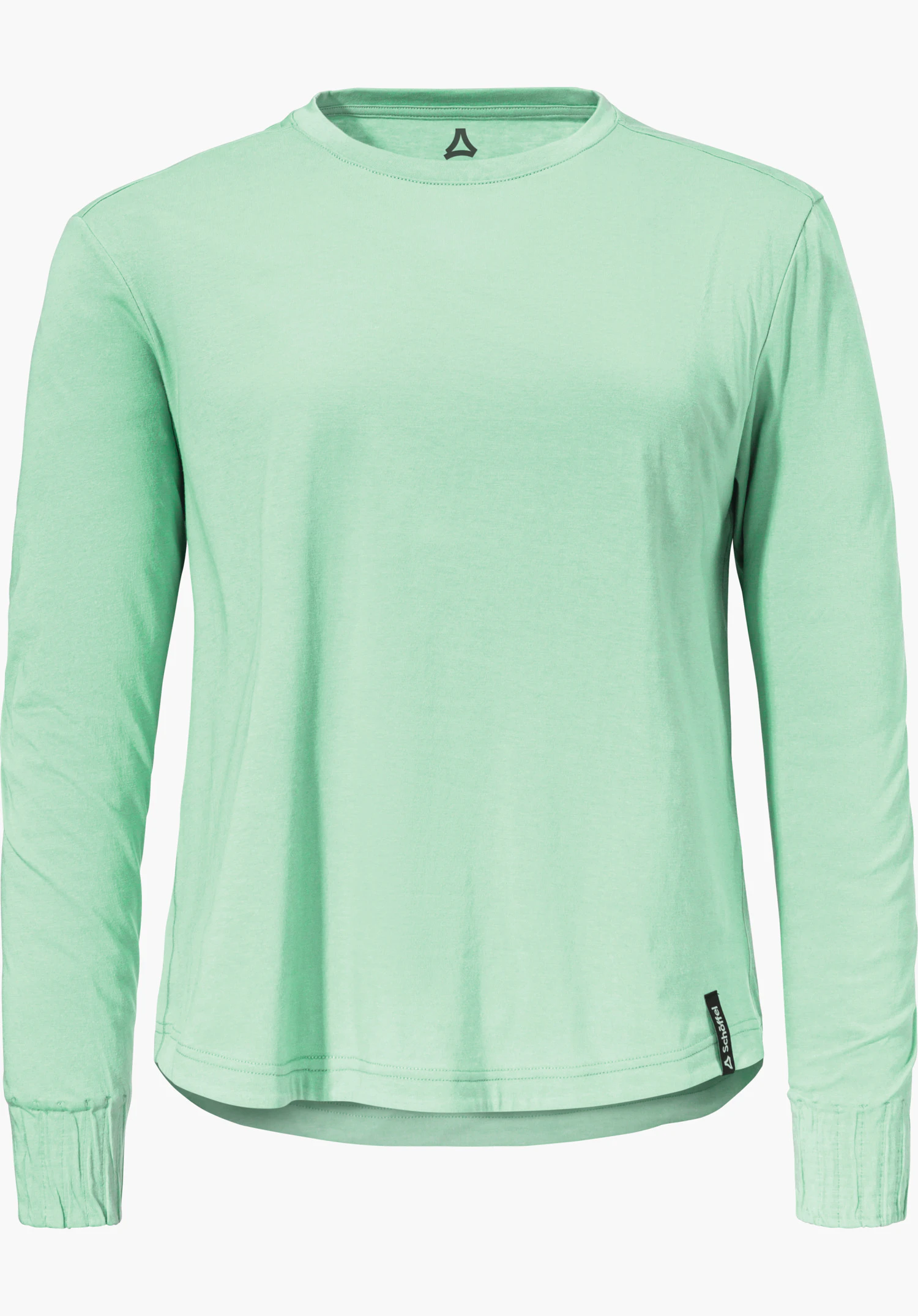 Longsleeve Style Collada WMS t-shirt vert clair à manches longues, présenté de face; logo Schöffel au col; étiquette noire tissée à l’ourlet avec inscription « Schöffel »; présenté à plat sur fond blanc.