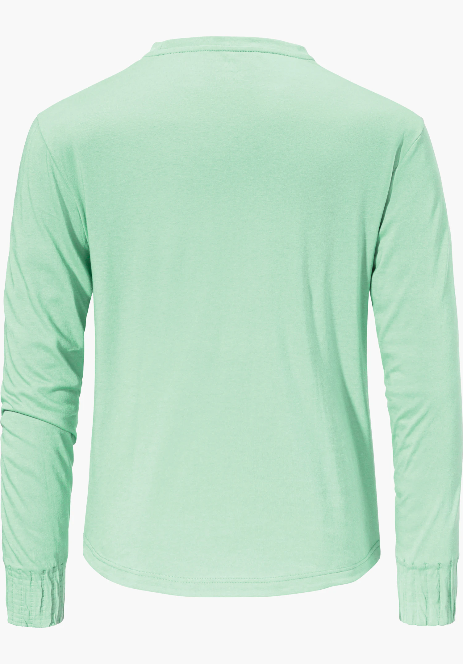 Longsleeve Style Collada WMS T-shirt manches longues vert clair, vue de dos; logo Schöffel centré à la nuque, surface coton lisse, sur fond blanc.