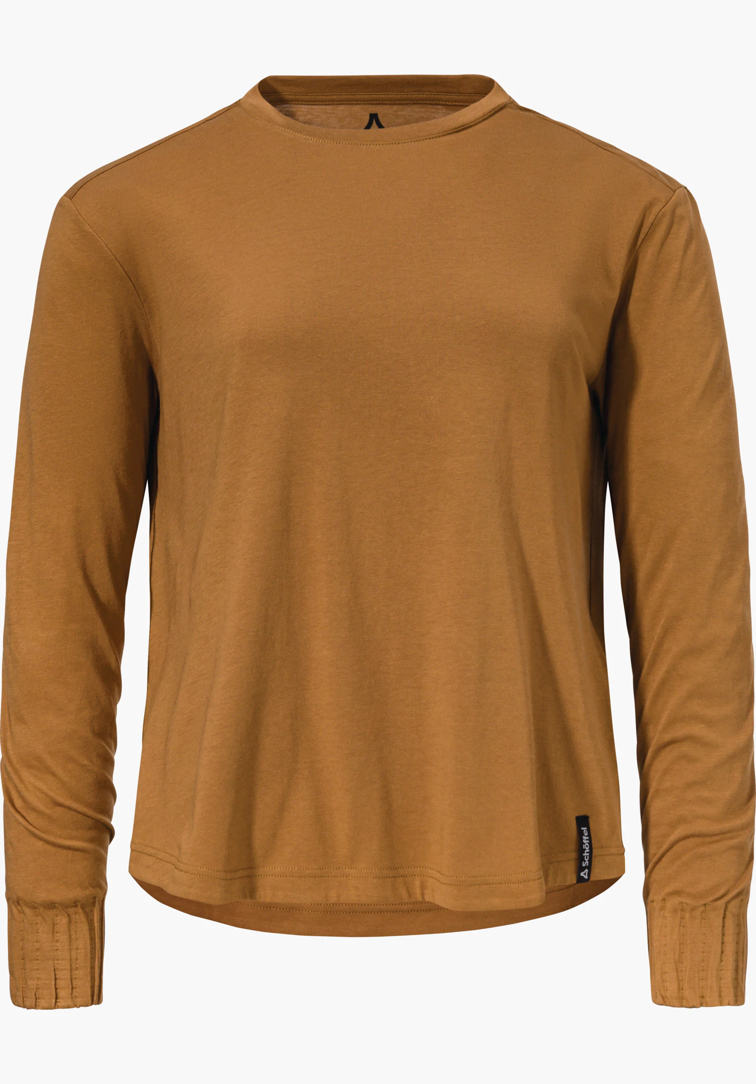 Longsleeve Style Collada WMS t-shirt à manches longues, présenté de face sur fond blanc; marron clair, col rond, poignets côtelés, petite étiquette noire avec « Schöffel » et logo Schöffel.