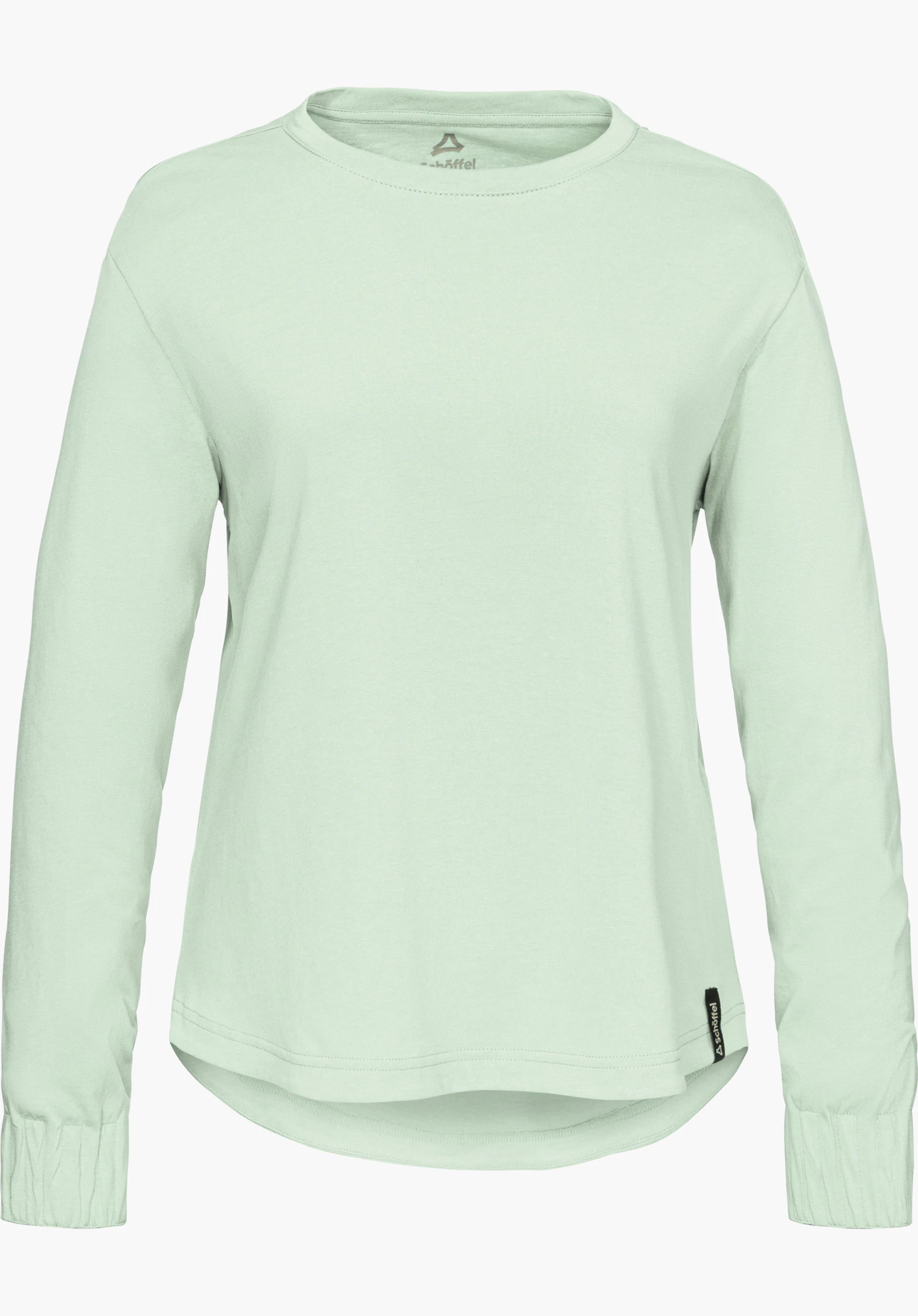 Longsleeve Style Collada WMS en vert avec col rond, logo Schöffel visible à l’intérieur de la nuque et petite inscription Schöffel à l’ourlet, détouré sur fond blanc.