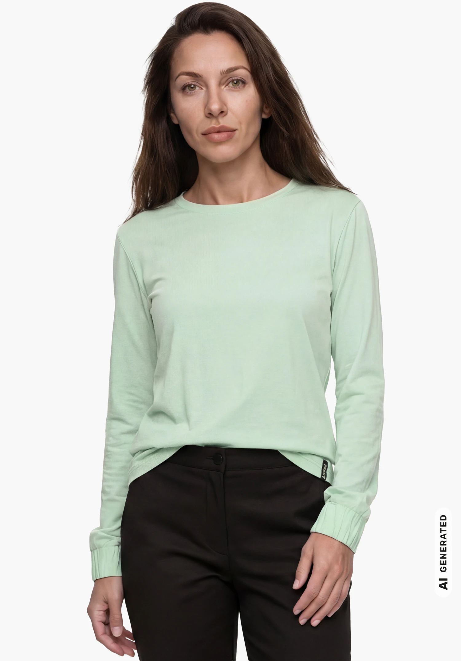Longsleeve Style Collada WMS in green, worn by a female model standing upright and shown from the front with arms hanging down in a relaxed position against a white background. (AI-generated)