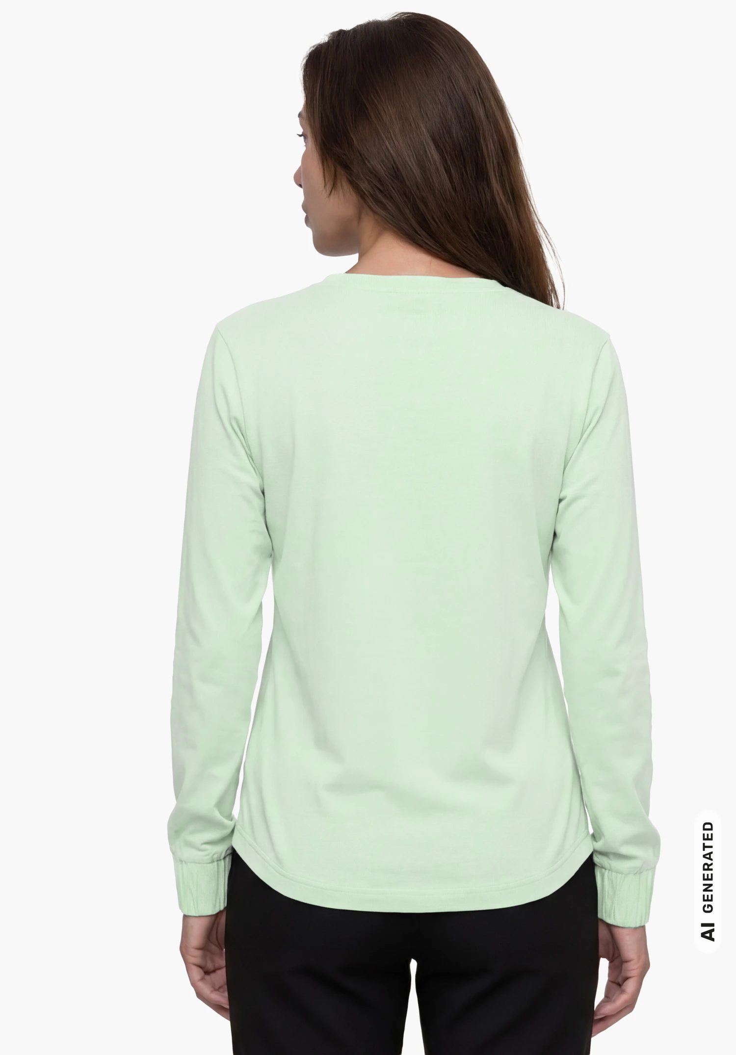 Longsleeve Style Collada WMS in groen, gedragen door een vrouwelijk model dat rechtop staat en van achteren wordt getoond met de armen langs het lichaam tegen een witte achtergrond. (AI-gegenereerd)