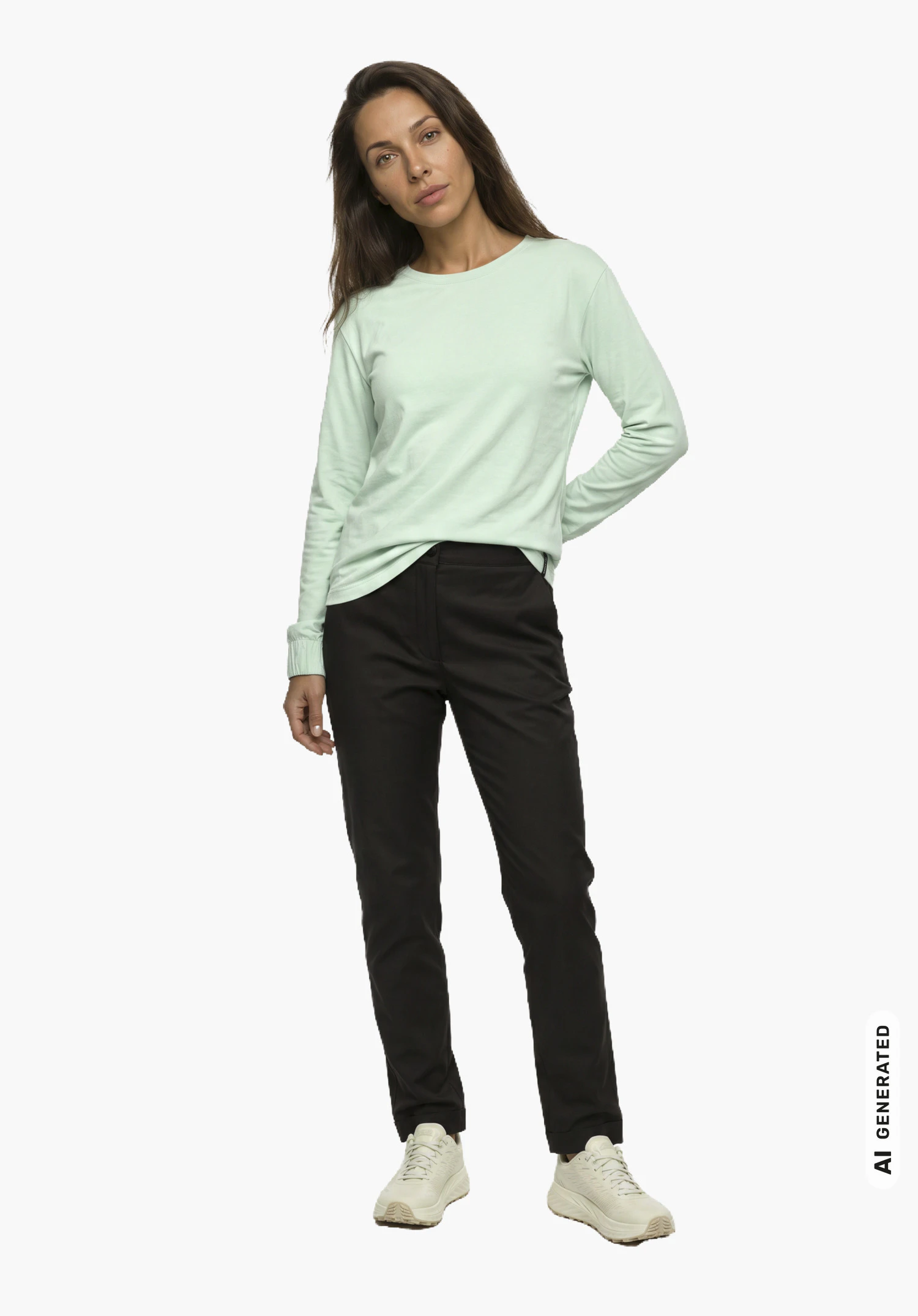 Longsleeve Style Collada WMS in het groen, gedragen door een vrouwelijk model in een licht gedraaid zijaanzicht met één hand in de zij tegen een witte achtergrond. (Door AI gegenereerd)