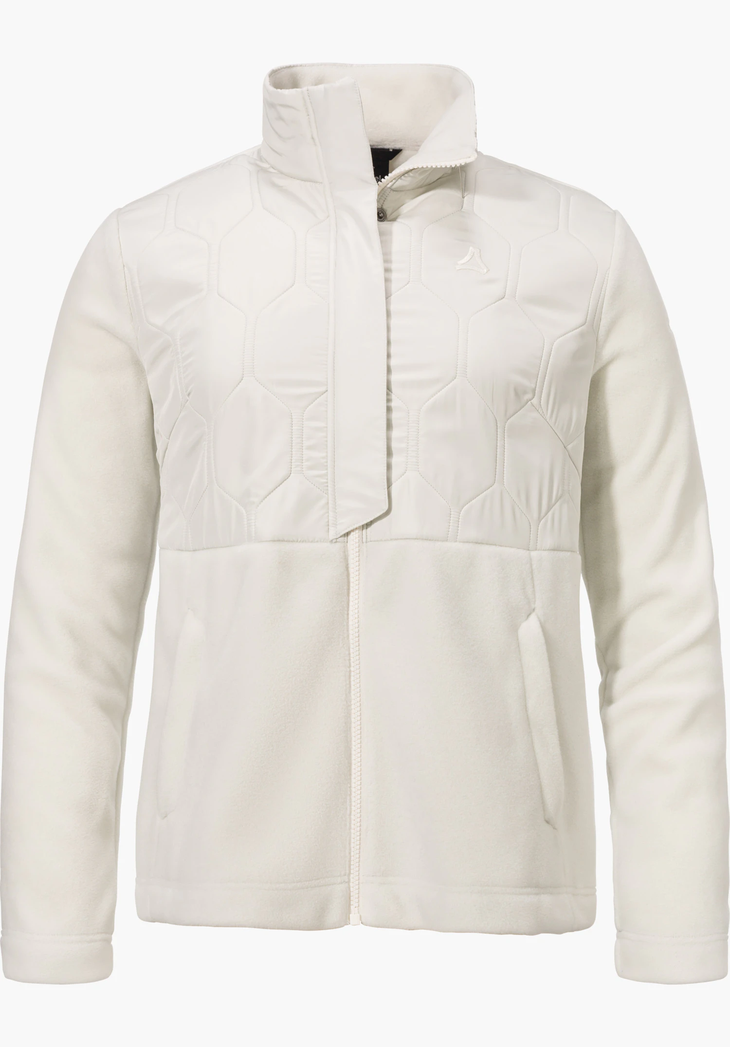 Fleece Jk Style Gregale WMS white quilted jacket with full-length zip, upright presentation; hexagonal quilted upper section, fleece sleeves, Schöffel logo on the chest, white background.