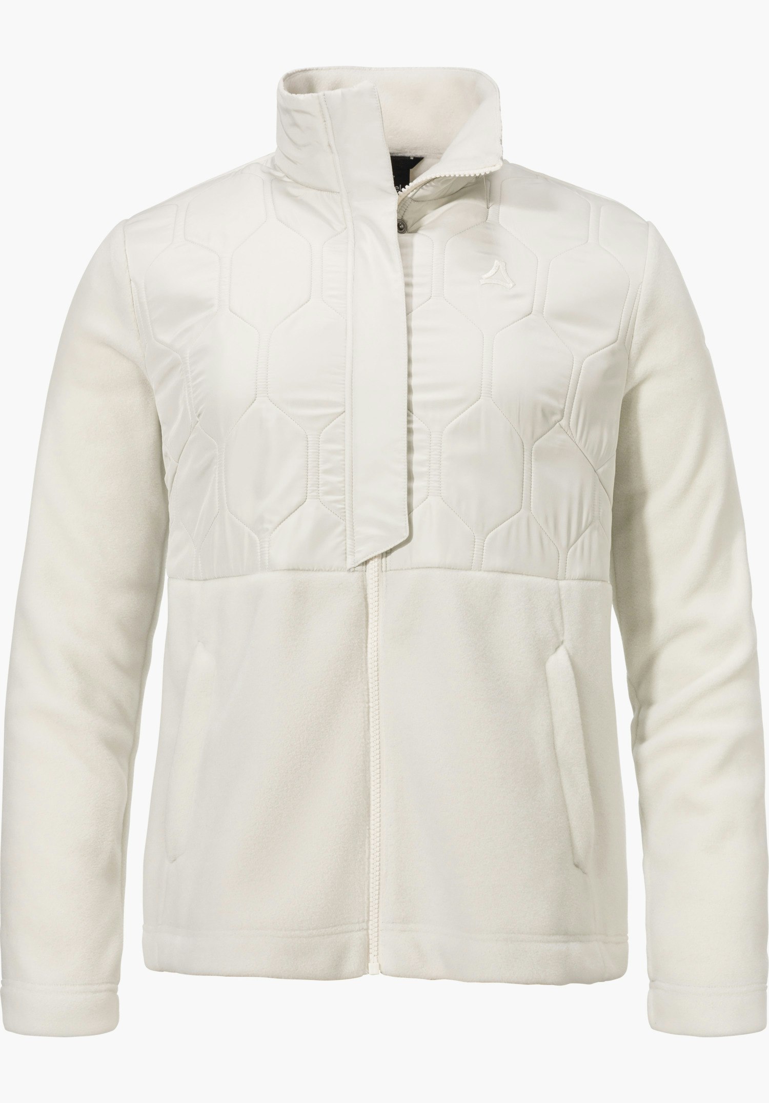 Fleece Jk Style Gregale WMS Wit gewatteerd jack met doorlopende rits, rechtop gepresenteerd; bovenstuk met zeshoekige quilting, fleecemouwen, Schöffel-logo op de borst, witte achtergrond.