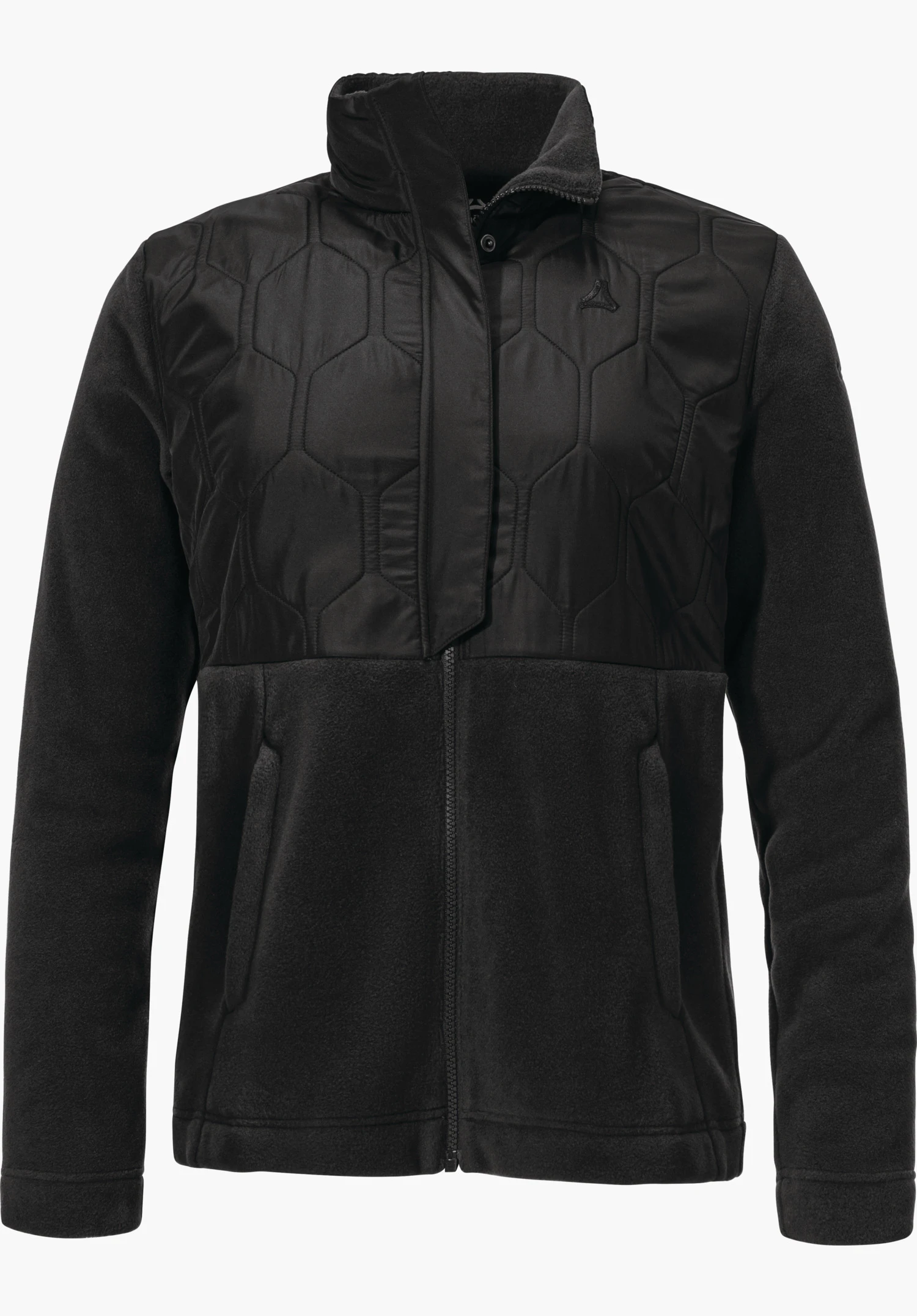Fleece Jk Style Gregale WMS black fleece jacket with quilted chest panel, zip and side pockets; Schöffel logo on the left chest; stand-up collar, white background.