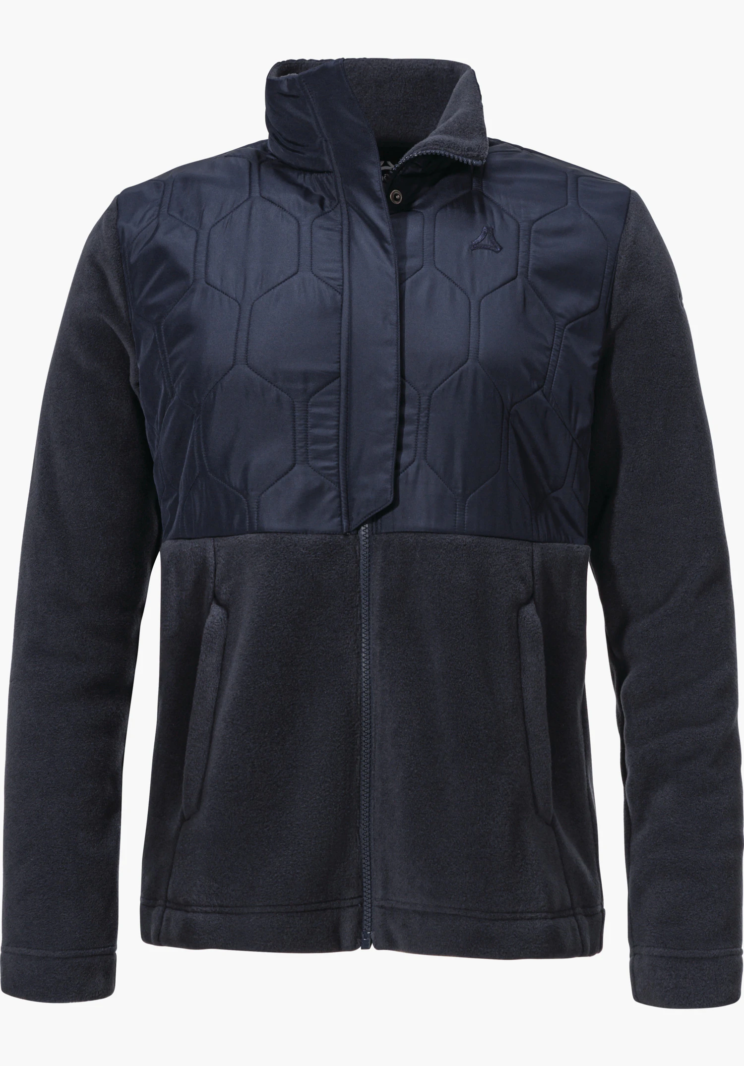 Fleece Jk Style Gregale WMS Donkerblauw fleecejack met gewatteerde borstpartij, gesloten rits en Schöffel-logo op de borst; fleecemouwen, frontaal gepresenteerd tegen witte achtergrond.