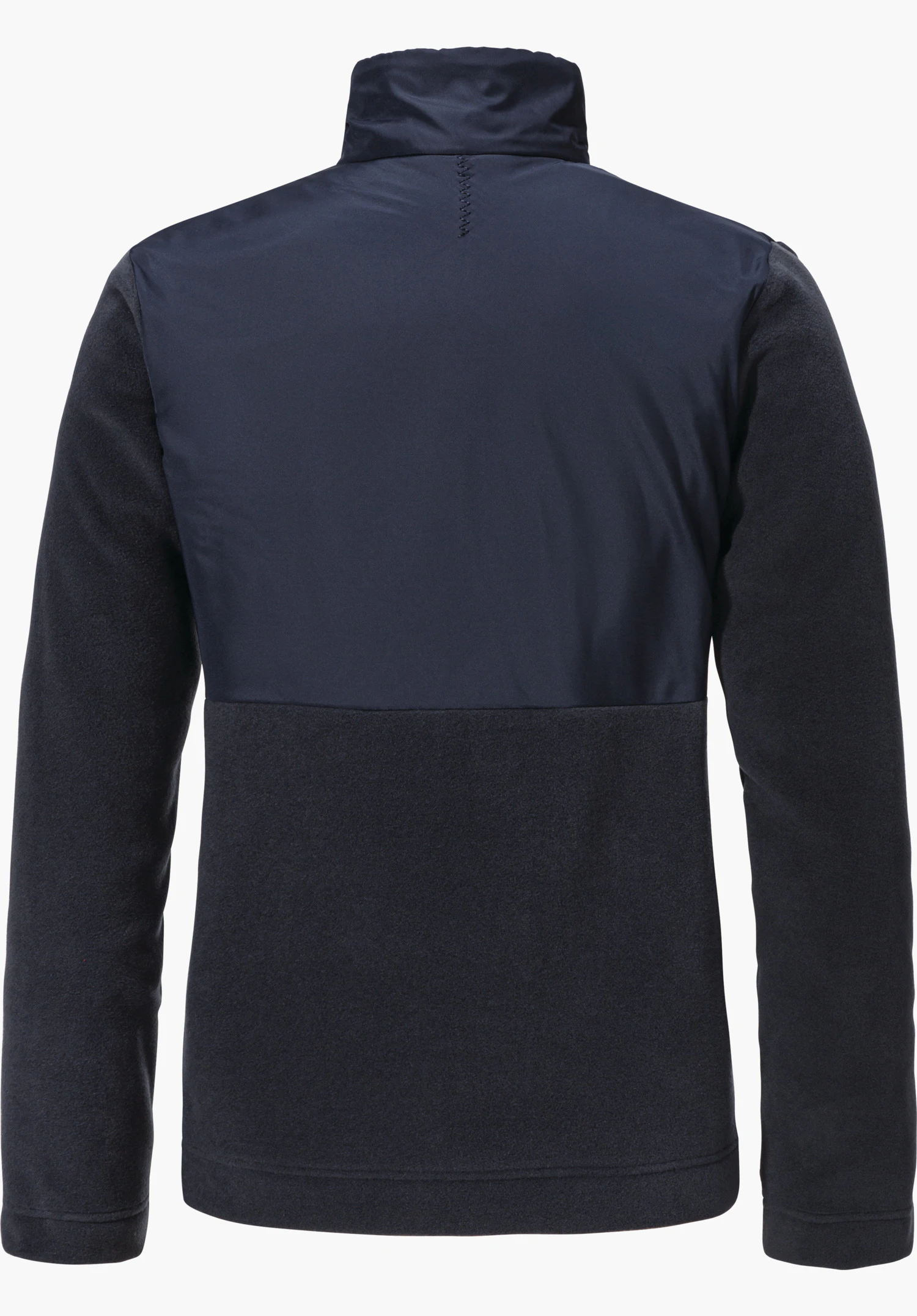 Fleece Jk Style Gregale WMS Donkerblauwe jas, achteraanzicht; bovenrug glad, onderzijde en mouwen fleece; effen lichtgrijze achtergrond.