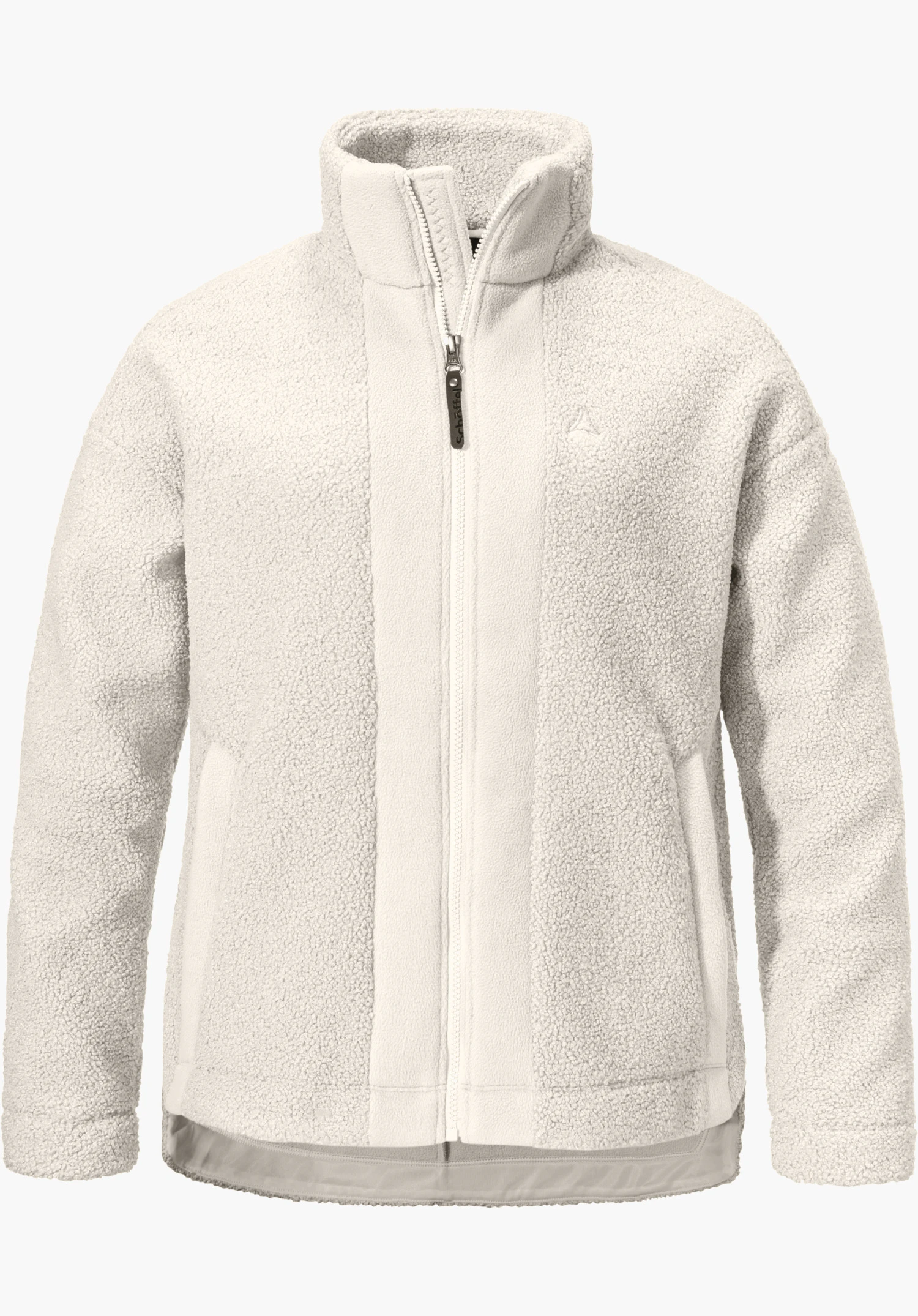 Fleece Jk Style Kalmor WMS white fleece jacket, front closed with zip, Schöffel logo on the chest; boxy fit with two pockets, neutral light background.