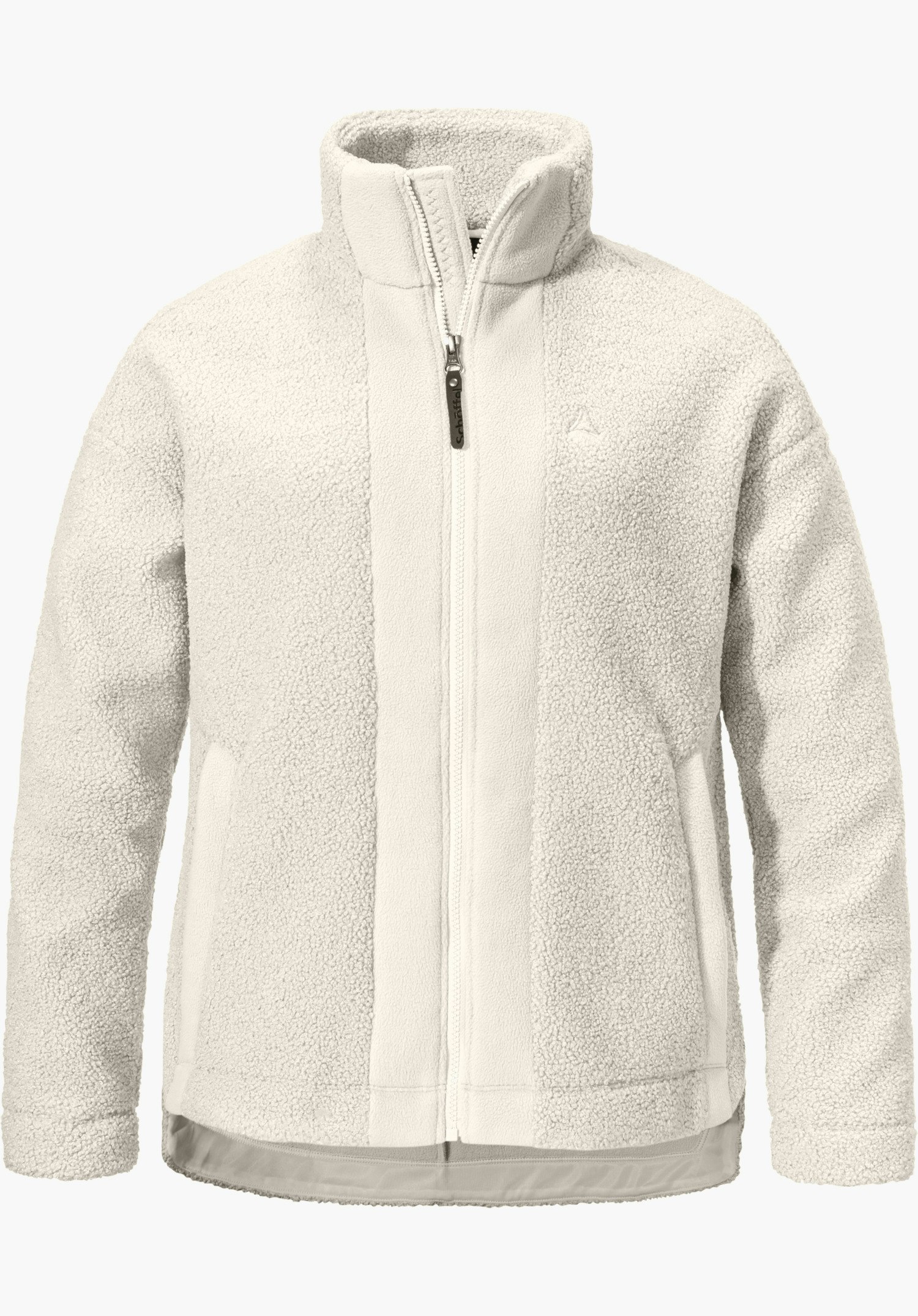 Fleece Jk Style Kalmor WMS white fleece jacket, front closed with zip, Schöffel logo on the chest; boxy fit with two pockets, neutral light background.