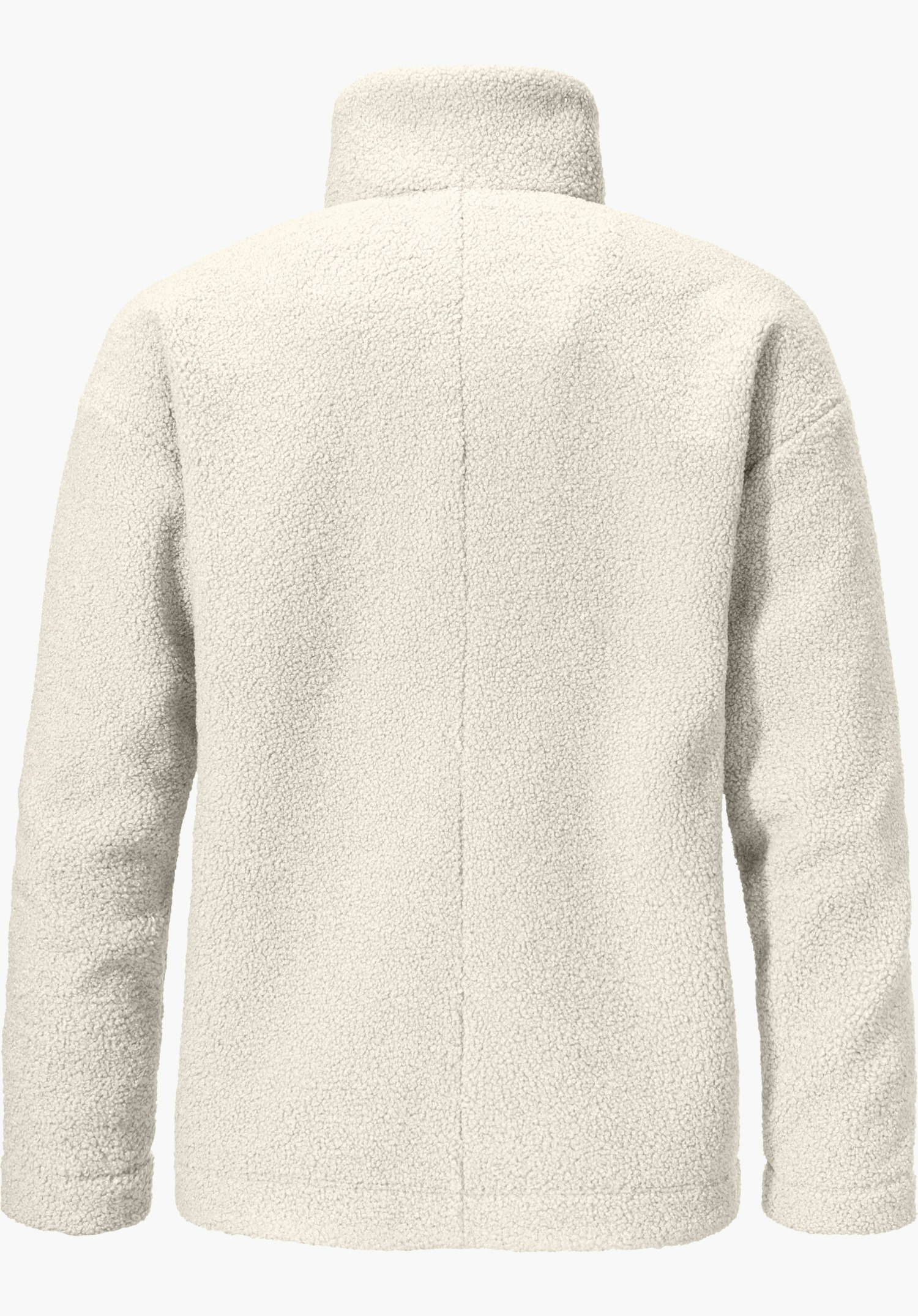 Fleece Jk Style Kalmor WMS sherpa fleece jacket presented from the back, white, high stand-up collar; textured teddy fleece surface, long sleeves and straight silhouette against an evenly light studio background.