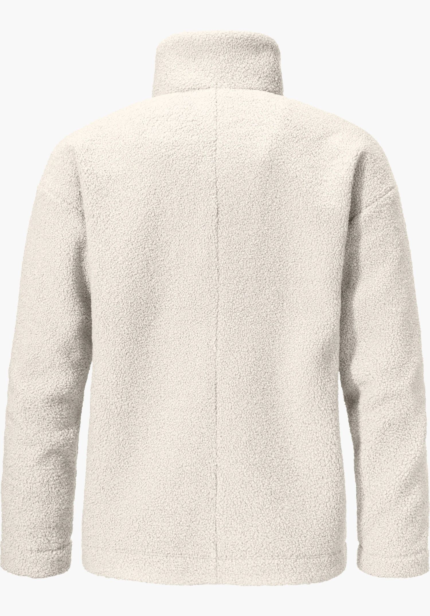 Fleece Jk Style Kalmor WMS sherpa fleece jacket presented from the back, white, high stand-up collar; textured teddy fleece surface, long sleeves and straight silhouette against an evenly light studio background.