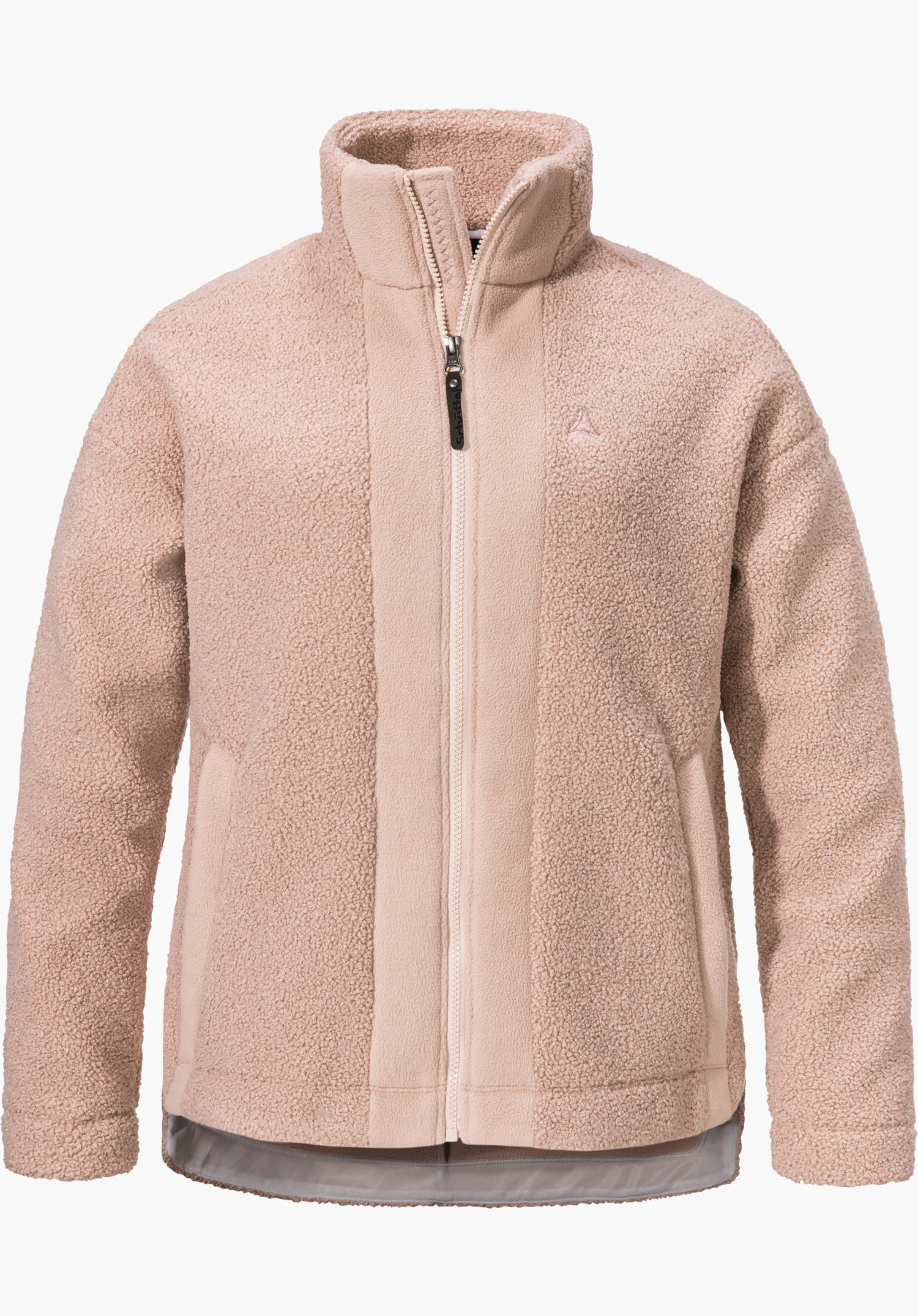 Fleece Jk Style Kalmor WMS Rosa Fleecejacke, vorne geschlossener Reißverschluss, aufrecht präsentiert; hoher Kragen, Eingrifftaschen, Schöffel-Logo links auf der Brust, weißer Hintergrund.