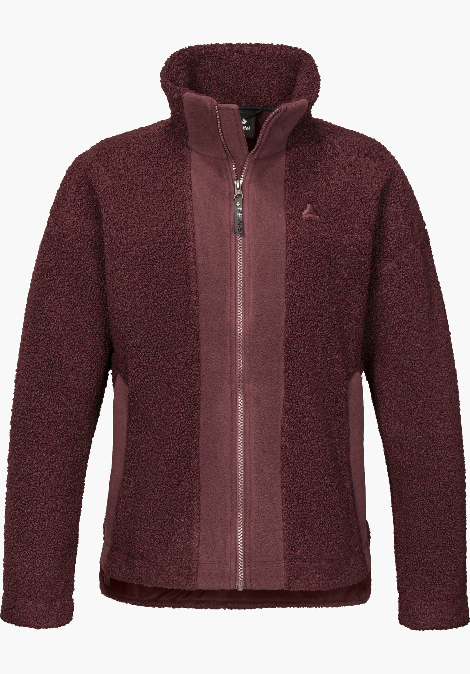 Fleece Jk Style Kalmor WMS in purple with a full-length zipper, high collar and Schöffel logo, shown from the front and isolated on a white background.