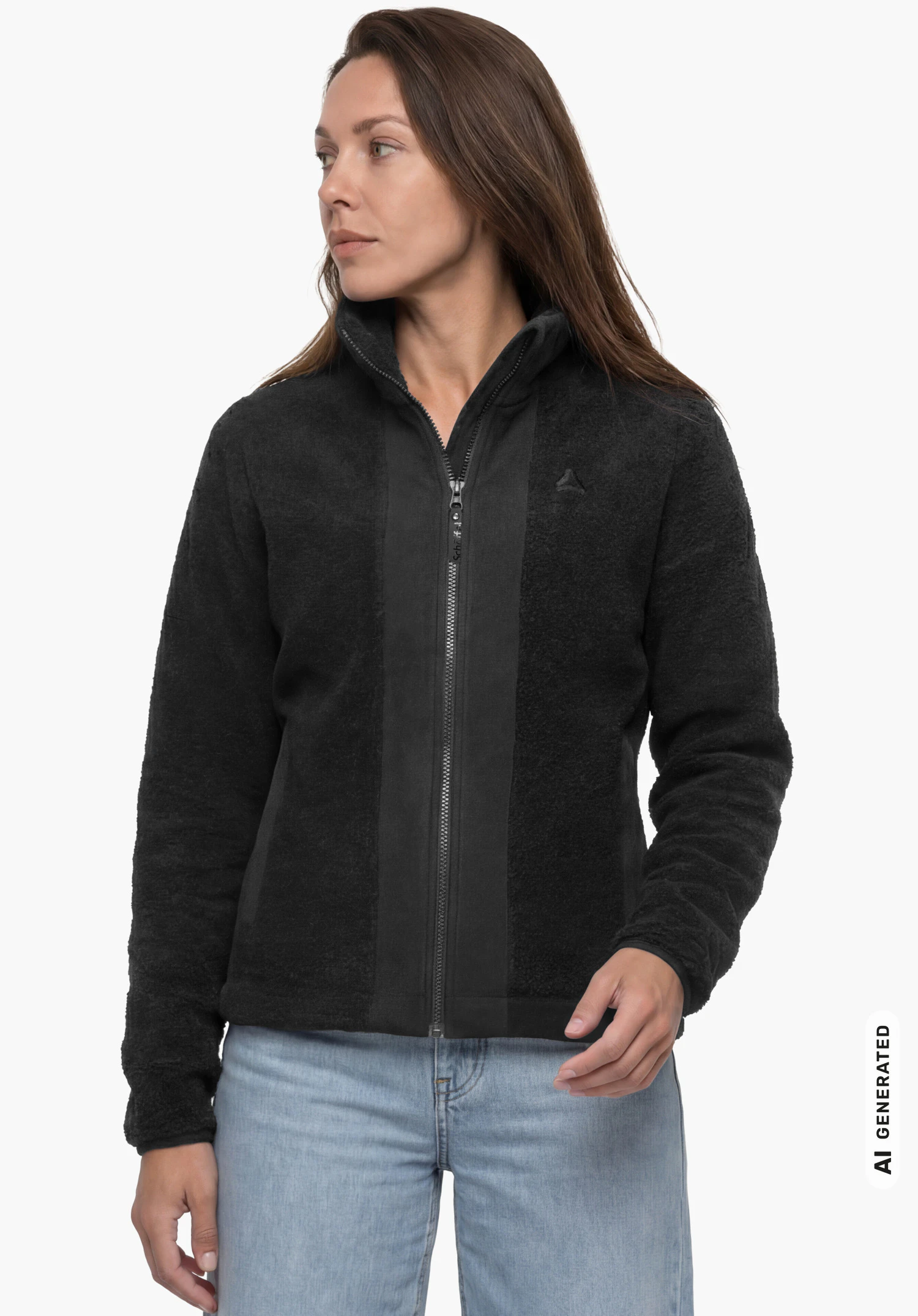Fleece Jk Style Kalmor WMS in black, worn by a female model shown from the front standing upright and looking to the left, with a subtle Schöffel logo on the chest against a white background. (AI-generated)