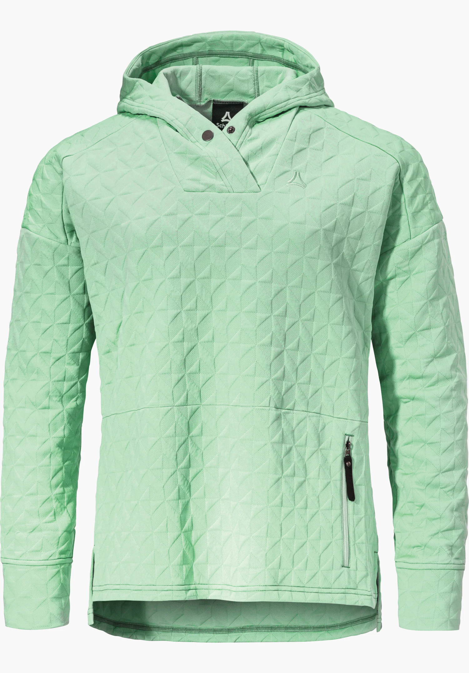 Hoody Style Vindave WMS sweat à capuche matelassé vert clair, vue de face sur fond blanc; capuche relevée, poche zippée latérale, logo Schöffel sur la poitrine. Inscription sur étiquette: « Schöffel ».