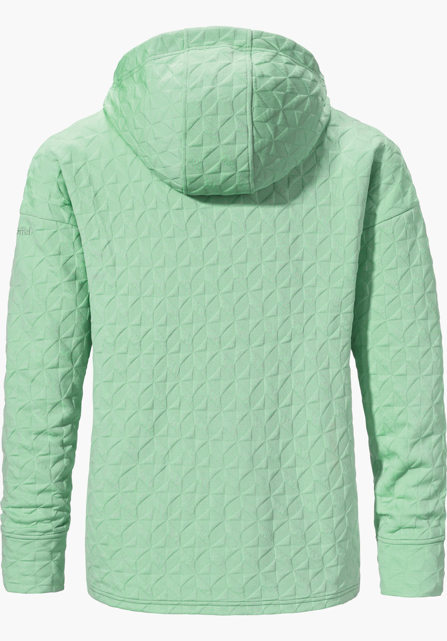 Hoody Style Vindave WMS lichtgroen doorgestikt hoodiejack, achteraanzicht, plat op witte achtergrond; gelijkmatige ruitstikking over het hele oppervlak. Tekst: “Schöffel” (reliëf op linkermouw).