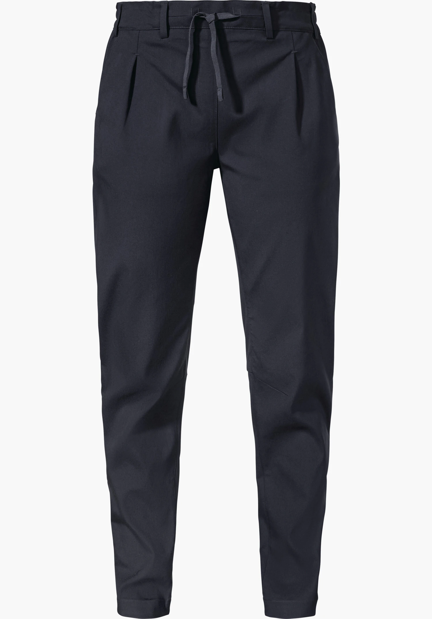 Pants Style Oaktree WMS dark blue chino trousers with drawstring waistband, pleats, side pockets and tapered legs, laid flat on a plain white background.