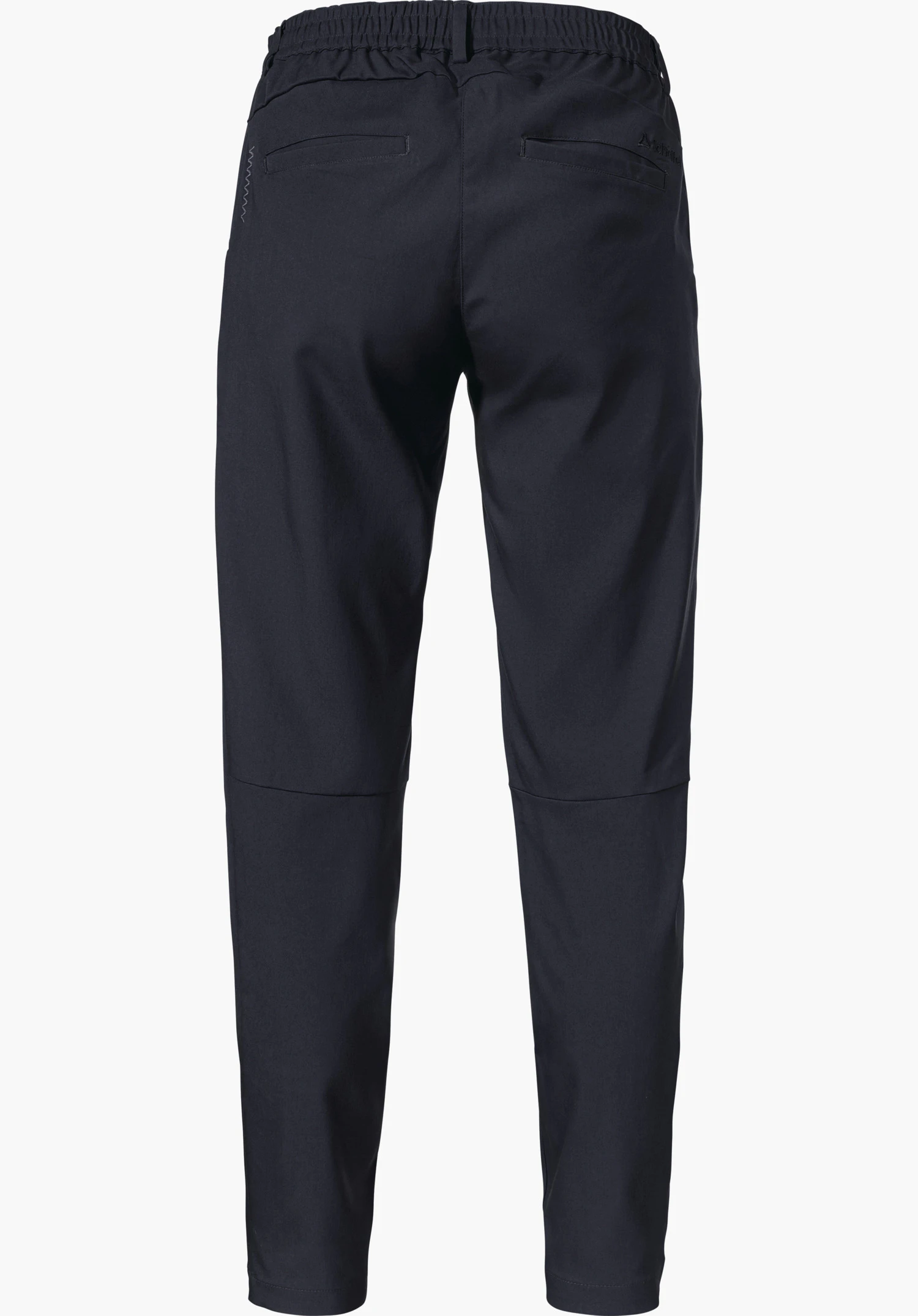 Pants Style Oaktree WMS dark blue sporty pleated trousers, shown from the back; with elasticated waistband, two back pockets, tapered legs and Schöffel logo at the upper right, against a white background.