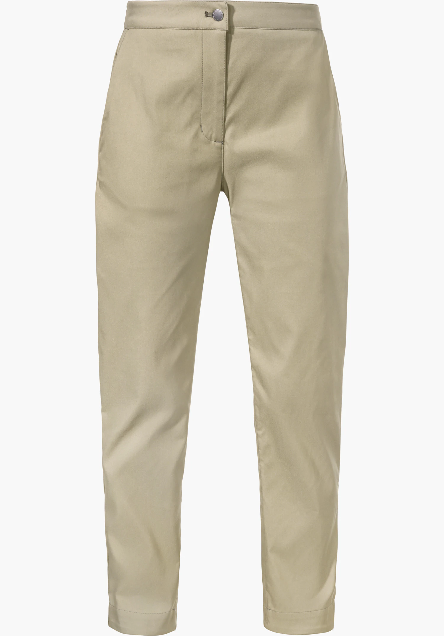 Pants Style Zourga WMS Stoffen broek, lichtgeel, frontaal gepresenteerd; rechte pasvorm met knoop- en ritssluiting, zijzakken en smal toelopende pijpen; vrijstaand tegen witte achtergrond.