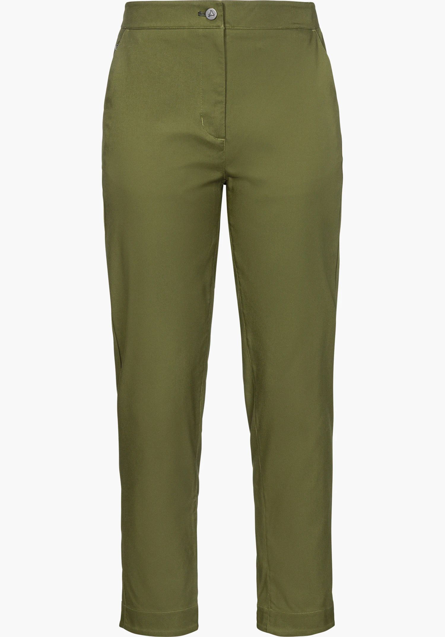 Pants Style Zourga WMS, pantalon d’hiver vert, vue de face avec logo Schöffel sur le bouton coulissant, détouré sur fond blanc.