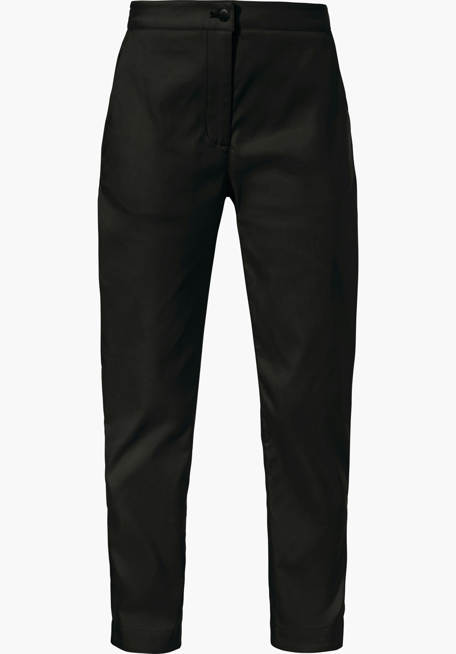 Pants Style Zourga WMS Zwarte, recht gesneden broek, frontaal gepresenteerd; smalle pijpen, rechte tailleband met knoop- en ritssluiting, glad oppervlak, vrijstaand tegen witte achtergrond.