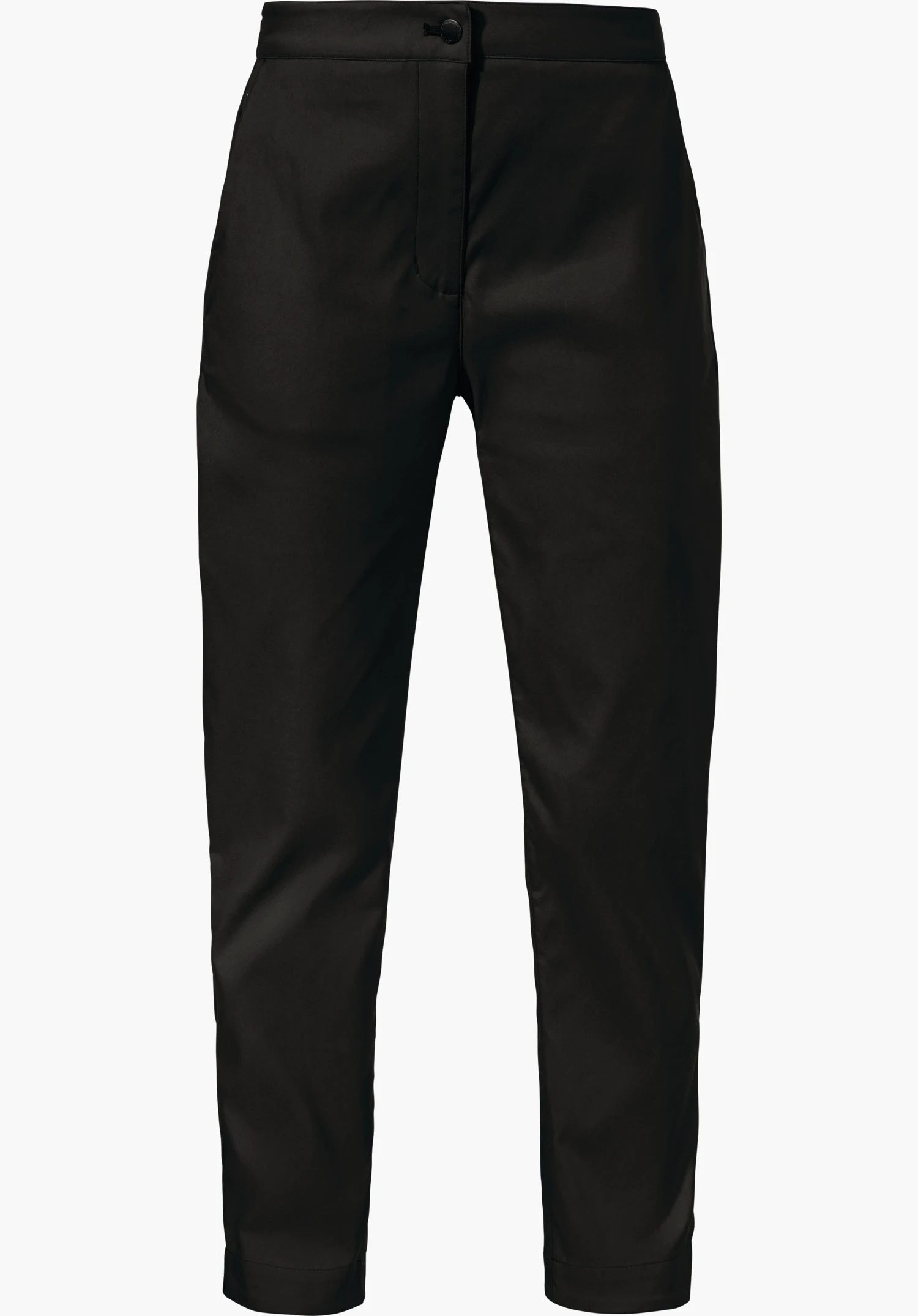 Pants Style Zourga WMS pantalon noir, coupe droite, présenté de face; jambes fines, ceinture droite avec bouton et braguette zippée, surface lisse, détouré sur fond blanc.