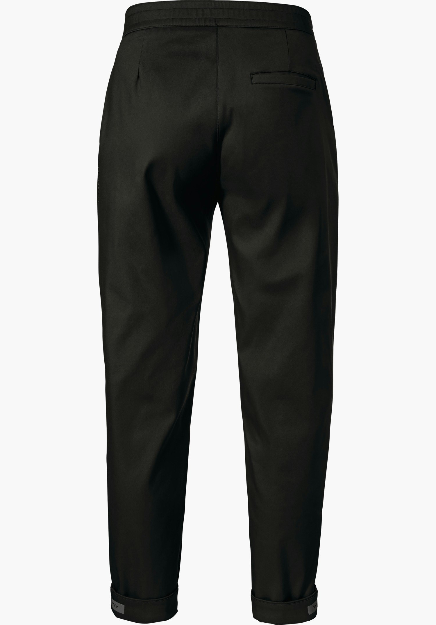 Pants Style Zourga WMS pantalon noir à coupe droite, vue arrière; silhouette légèrement cintrée avec une poche passepoilée et bas retroussés; détouré sur fond blanc.