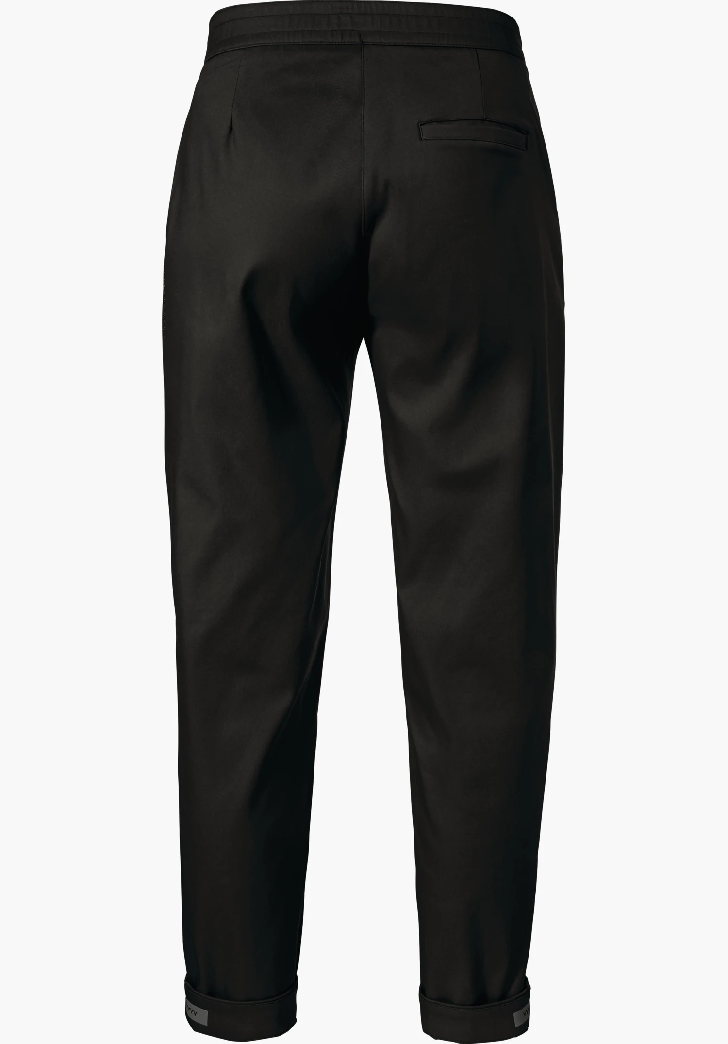 Pants Style Zourga WMS Zwarte, recht gesneden broek; achteraanzicht toont een licht getailleerde silhouet met één paspelzak en omgeslagen zoomranden; vrijstaand op witte achtergrond.