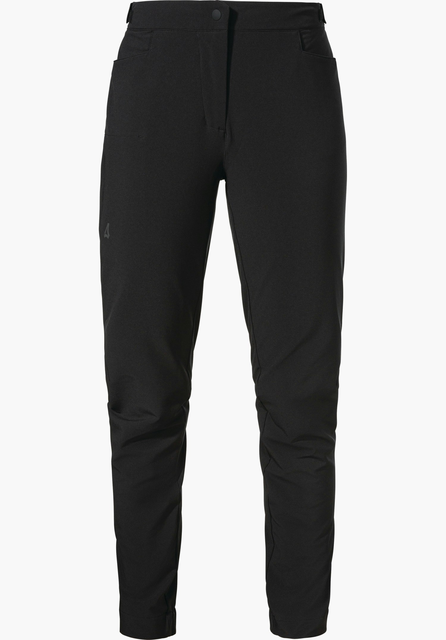 Pants Style Kubena WMS black slim cycling trousers; sit at the waist, show zip and button closure, side pockets, lightly gathered knees and small Schöffel logo on the left outer thigh; neutral background.