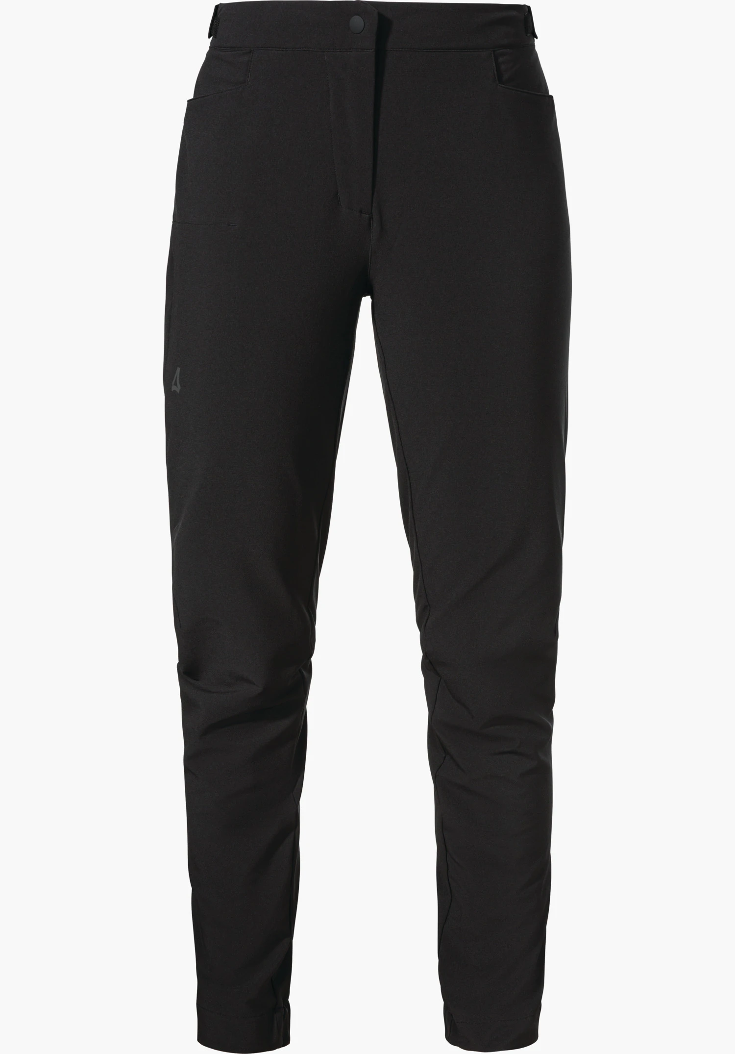 Pants Style Kubena WMS black slim cycling trousers; sit at the waist, show zip and button closure, side pockets, lightly gathered knees and small Schöffel logo on the left outer thigh; neutral background.