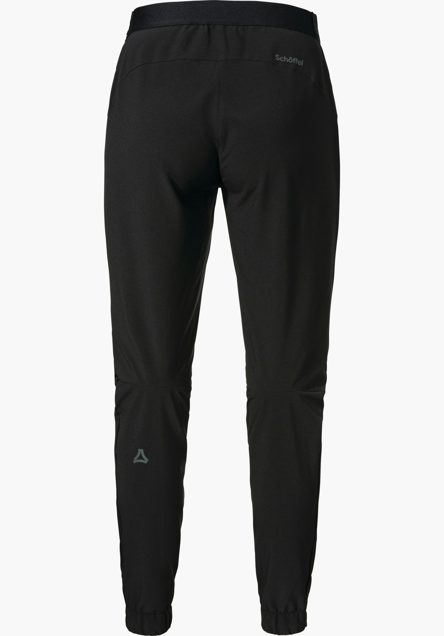 Pants Style Kubena WMS Zwarte lange fietsbroek, achteraanzicht; hangt voor witte achtergrond. Tekst “Schöffel” op de rechterheup; Schöffel-logo op de linker onderbeen.