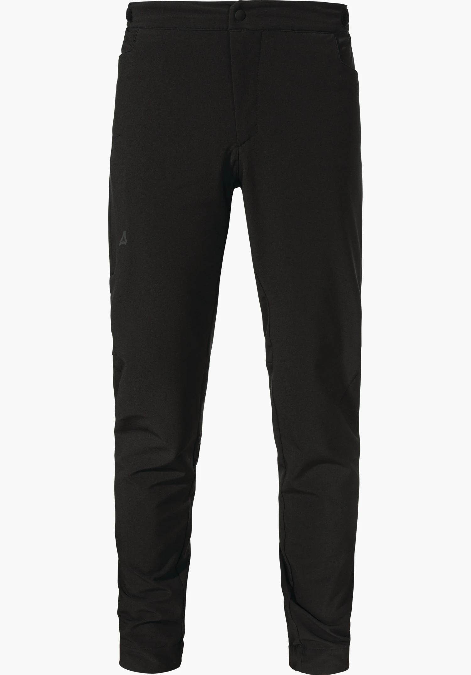 Pants Style Kubena MNS black slim cycling trousers, front view: button waistband, side pockets, light folds at knees; Schöffel logo on left thigh; white background.