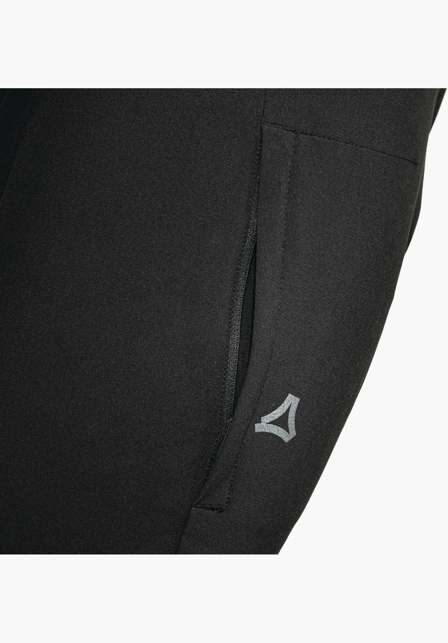 Pants Style Kubena MNS features a side zip pocket and the small Schöffel logo on the black fabric, close-up against a white background.
