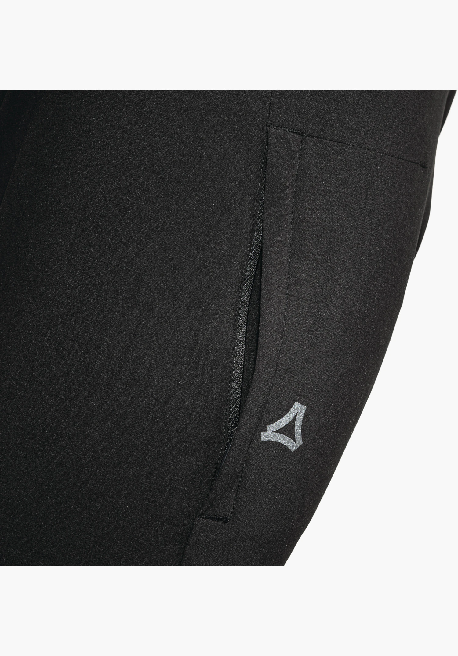 Pants Style Kubena MNS features a side zip pocket and the small Schöffel logo on the black fabric, close-up against a white background.