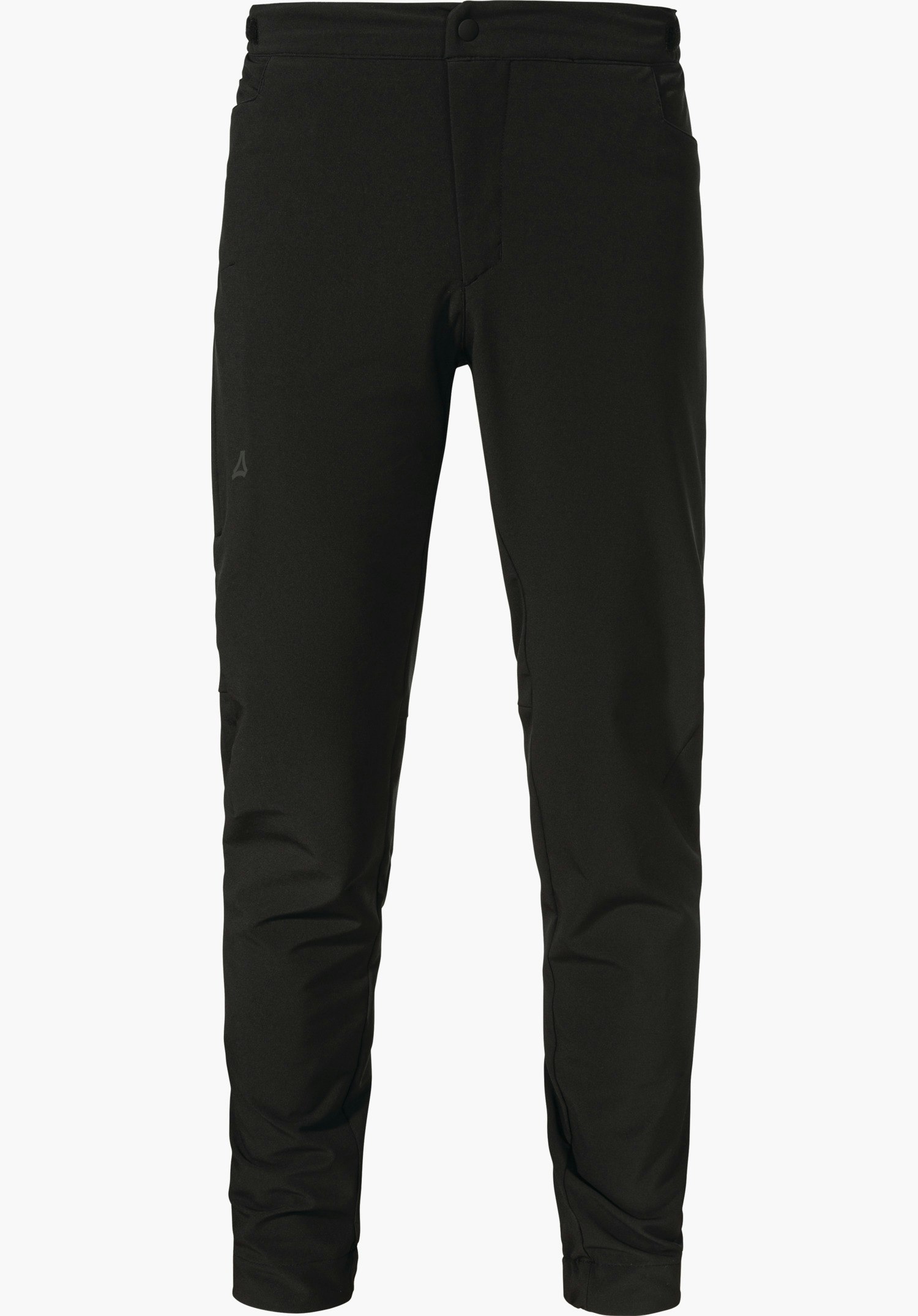 Pants Style Kubena MNS black slim cycling trousers, front view: button waistband, side pockets, light folds at knees; Schöffel logo on left thigh; white background.